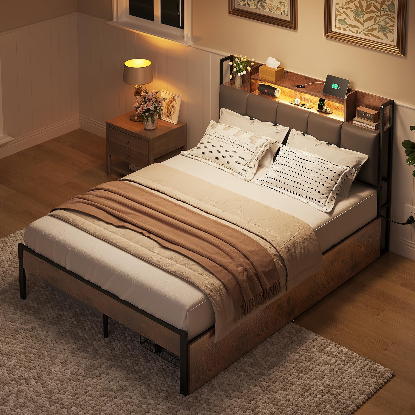 ODK Bett 140x200, Bettgestell mit 2 Schubladen, Betten 140x200 mit Stauraum, Kopfteil mit LED Beleuchtung & (Steckdose/USB), Metall Doppelbett