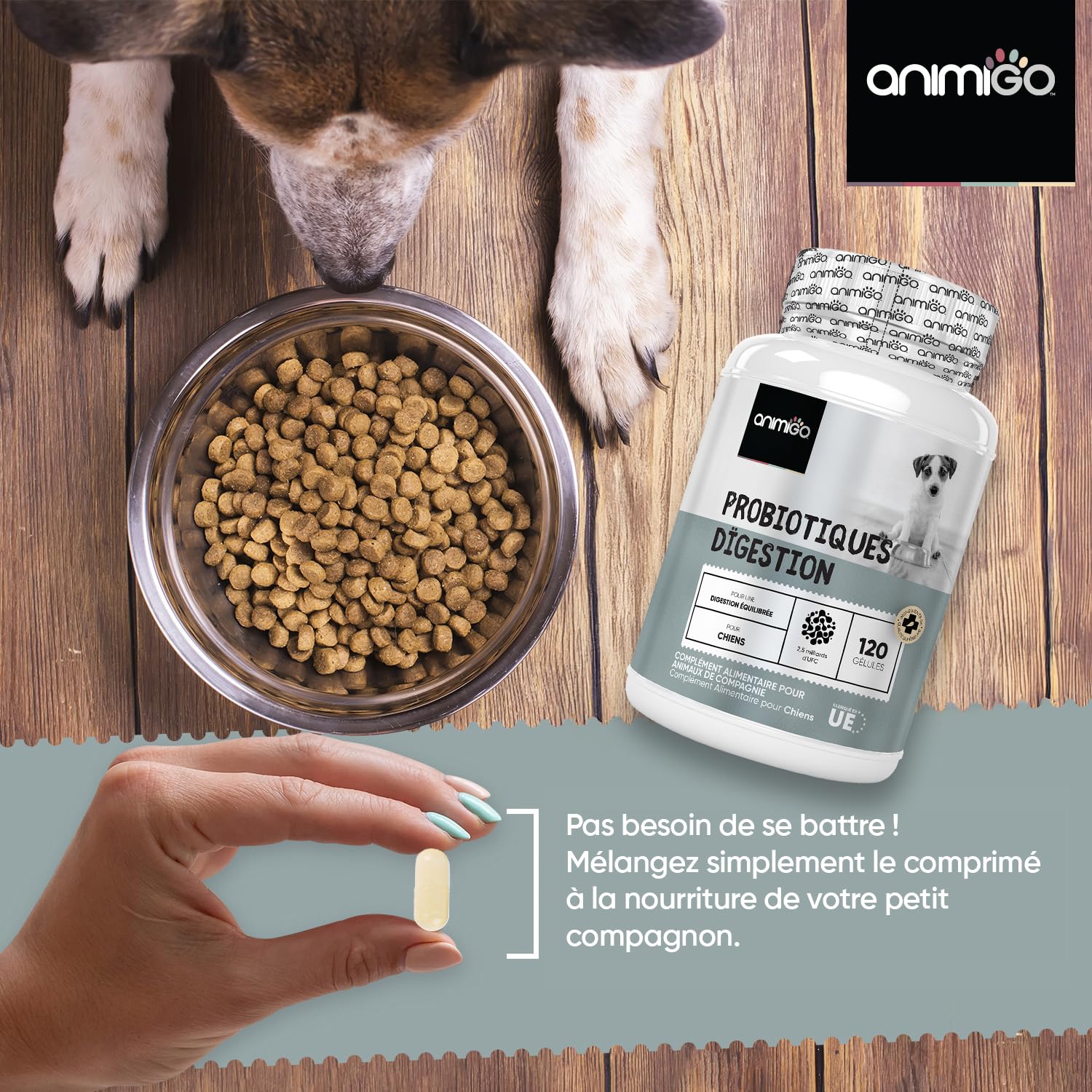 Probiotique Chien, 120 Gélules - 2,5 Milliards d'UFC par Portion, avec Ingrédients Naturels, Enzymes digestives et Probiotiques Chien - Fibres Solubles, 95% de Fructanes (FOS)