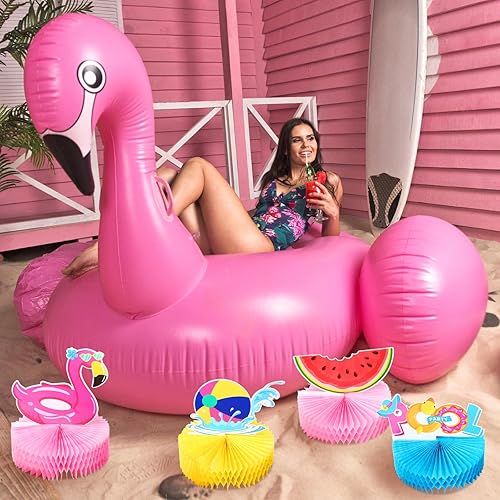 Miniatura 6 de Teling 9 piezas de centros de mesa de panal de abeja de verano para piscina, playa, decoración 3D de doble cara sandía panal de abeja flamenco