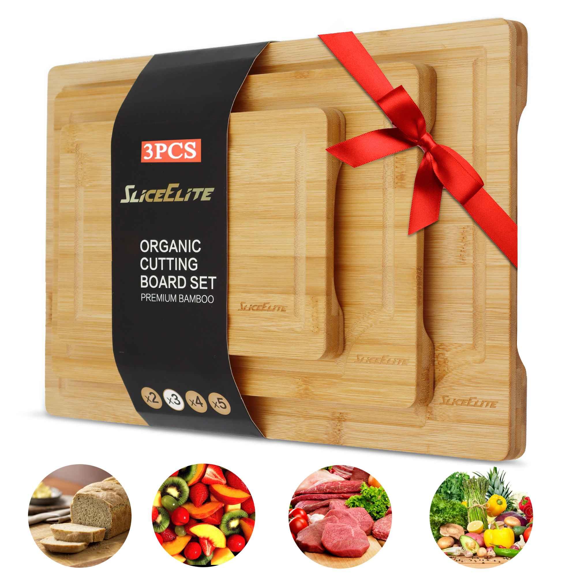 SliceElite 3pc Bamboo Cutting Board Set: Eco-friendly, durable chopping boards with handles & juice grooves. Ideal for all kitchen tasks (Large, Medium, Small), Natural