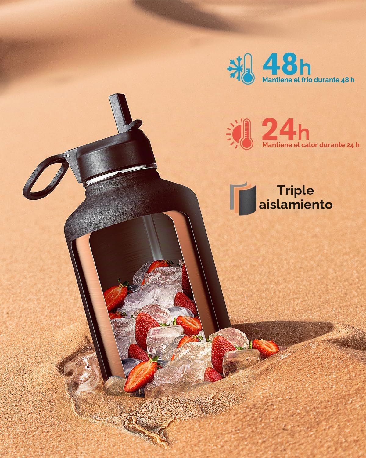 Botella de agua isotérmica de 2L, Coolflask Botella de agua con pajita y 3 tapas, Botella de agua fría y caliente de acero inoxidable con doble aislamiento al vacío y a prueba de fugas, Negra