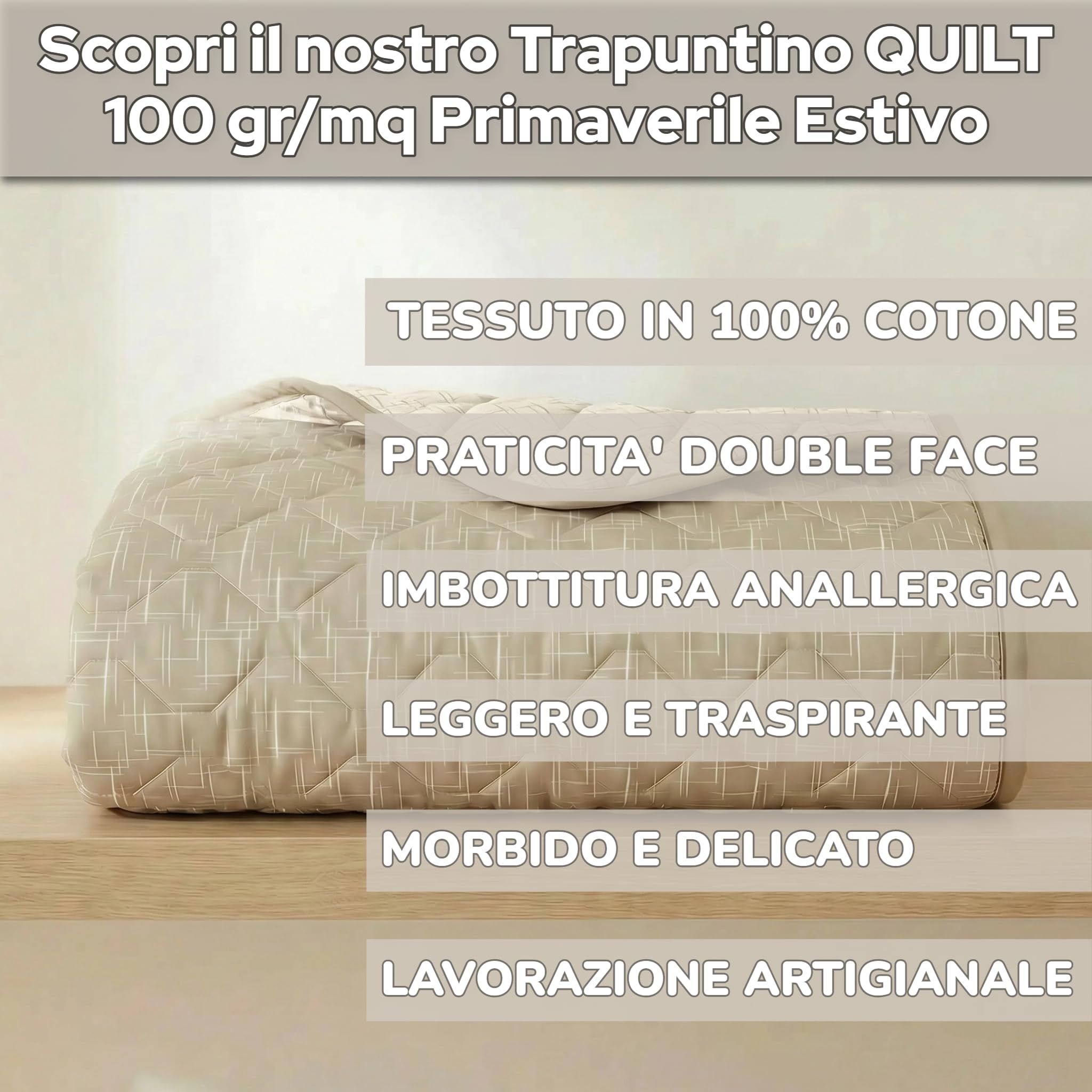 Mahome Trapuntino Piazza e Mezzo Primaverile Estivo in 100% Puro Cotone 220x260 cm Leggero Double Face - Copriletto Trapuntato morbido Traspirante Anallergico - Made in Italy – Climp Tortora - 4