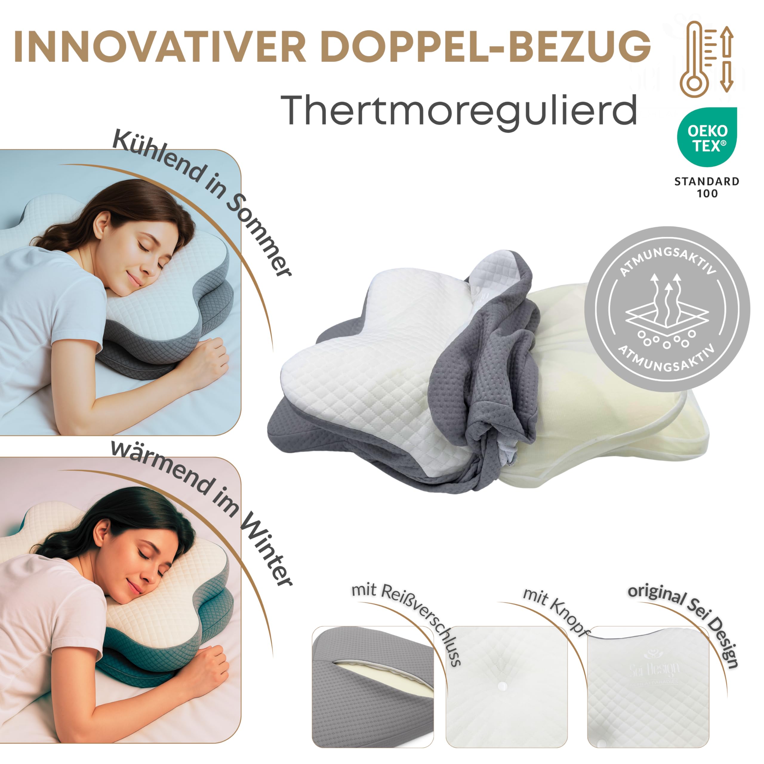 sei Design Nackenkissen Memory Foam Kissen – Orthopädisches Nackenstützkissen, Oeko-TEX® ergonomisches Kopfkissen, Cooling & Lyocell Bezug, für Rücken- und Seitenschläfer