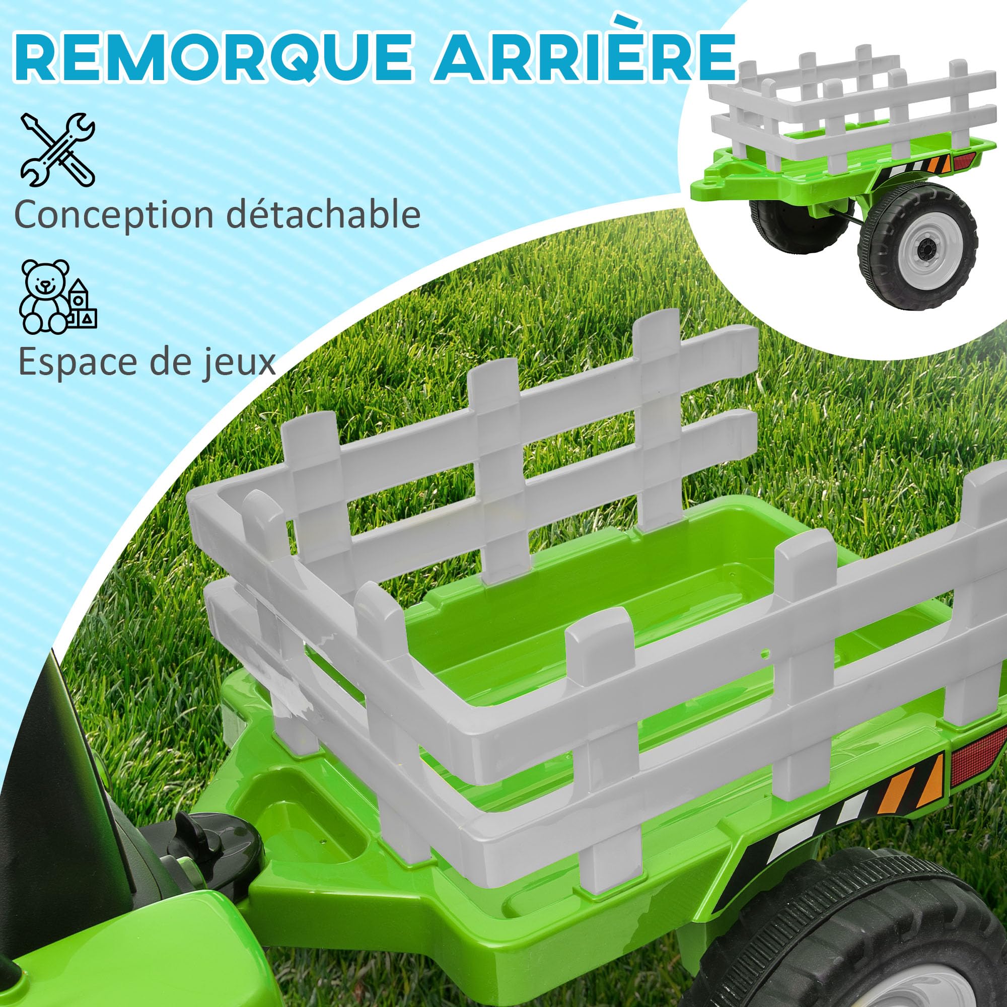 HOMCOM Tracteur électrique avec remorque Amovible, Voiture électrique Enfants de 3 à 6 Ans avec télécommande MP3 Musique Affichage lumières et Ceinture de sécurité, 12V 3-6 km/h, Vert