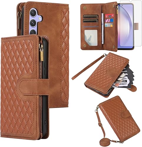 Miniatura 1 de Asuwish Funda de teléfono para Samsung Galaxy A14M14 5G con protector de pantalla de vidrio templado y correa cruzada para la muñeca de cuero con