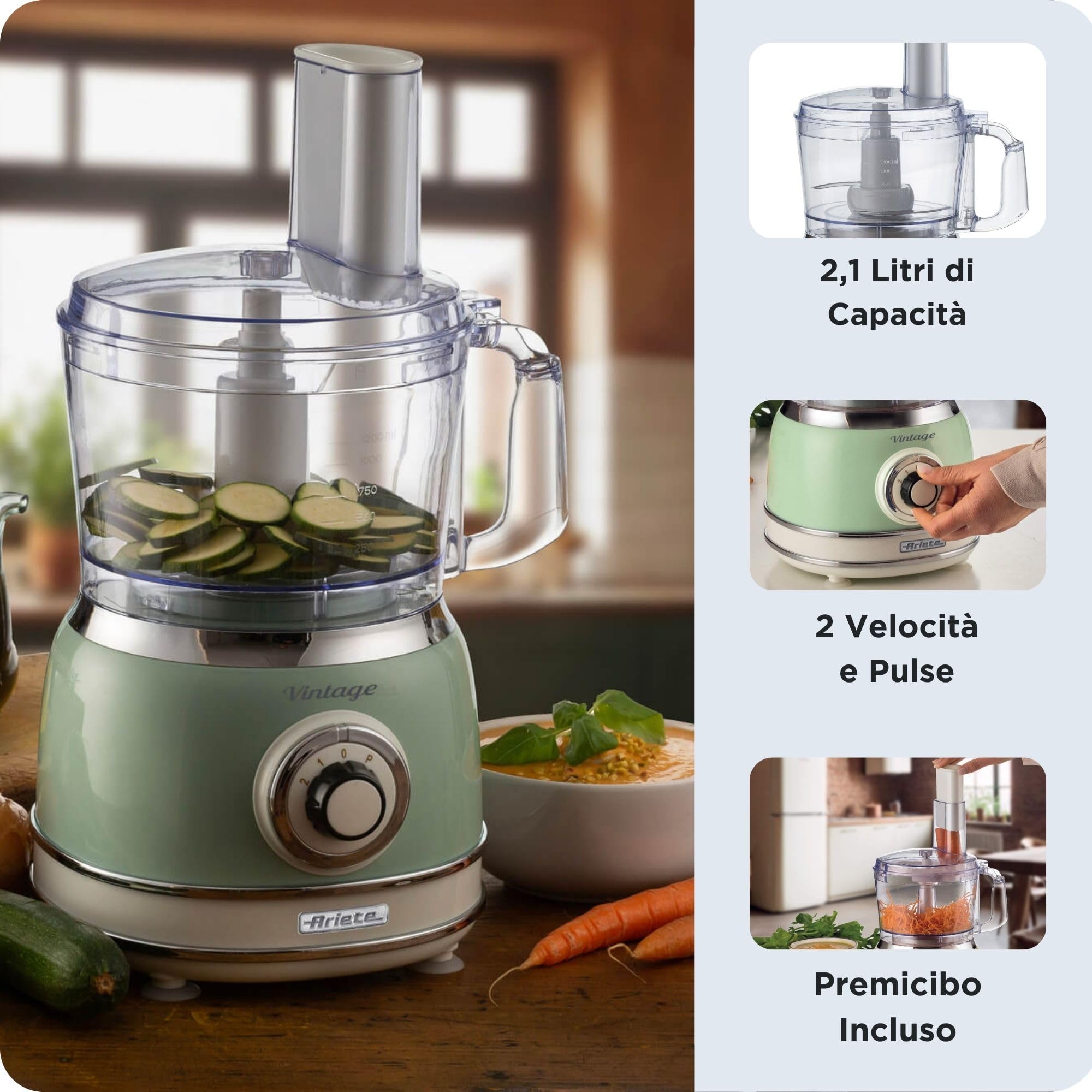 Ariete 1781 Robot de Cuisine Vintage, Hache, Pétrit, Tranche et Râpe, Lames Acier Inoxydable, 2 Vitesses+Pulse, pour Pain, Pizza, Desserts et pour Fouetter la Crème, Capacité 1,2L, 1000W, Vert