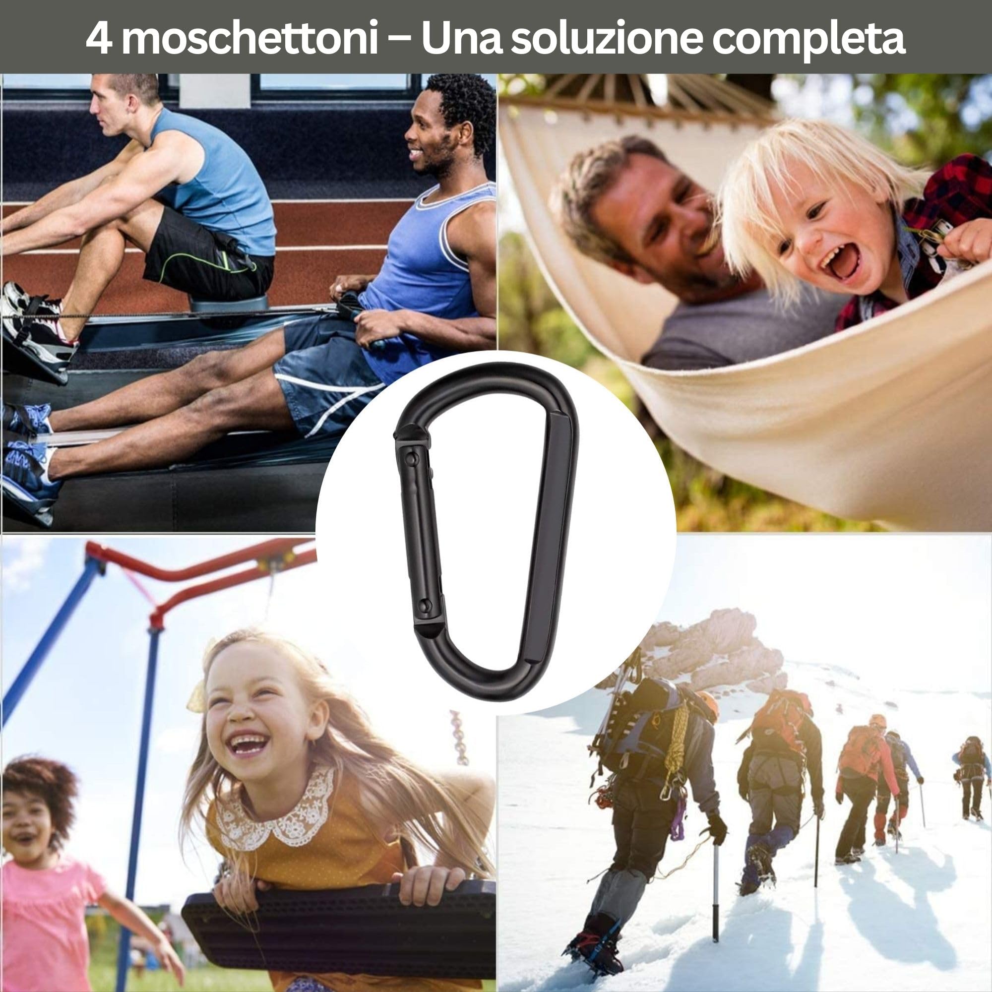 Moschettone Acciaio Inox Nero M8 8 cm (Set da 4) - Moschettoni portachiavi porta chiavi a molla fino a 250 kg - zaino borse guinzaglio cane amaca campeggio palestra