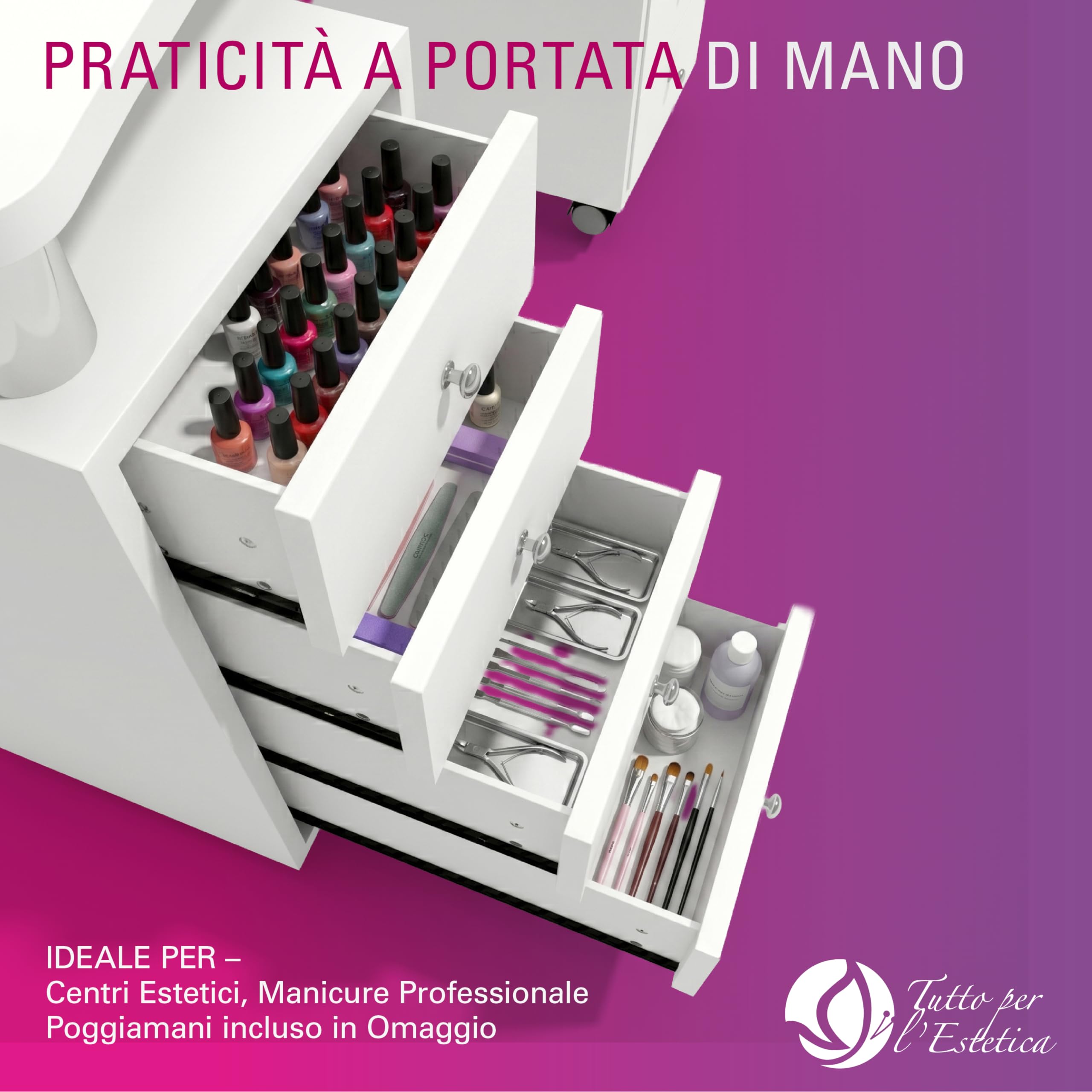Tavolo Manicure + Aspiratore Professionale Filtro Tondo, Con 8 Cassetti – Postazione Unghie Estetista con Ruote Bloccabili, Poggiamani Incluso, Tavolo Nail Studio Robusto e Organizzato, 122x48x77 cm