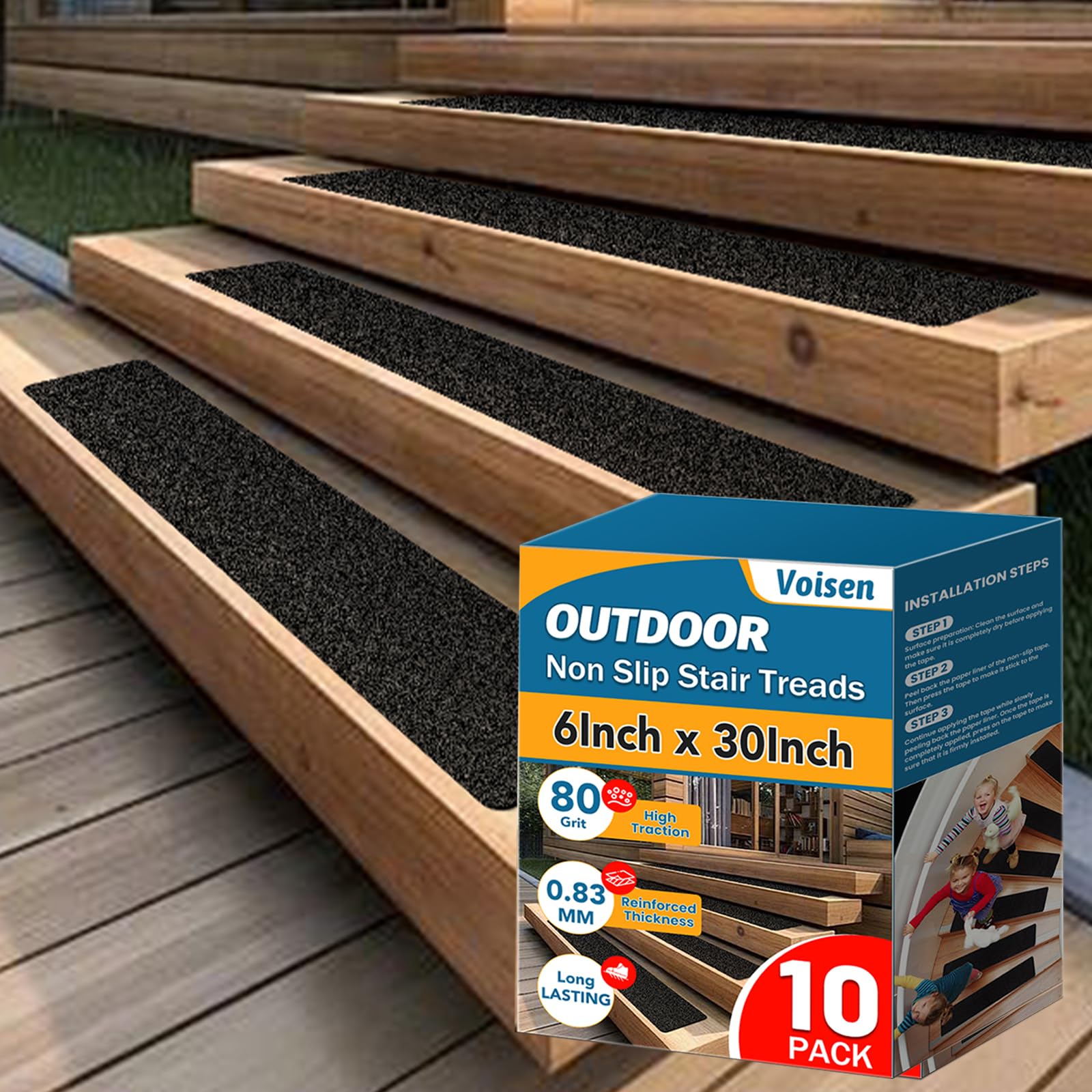 VOISEN Peldaños antideslizantes para escaleras para exteriores, 6 x 30 pulgadas, paquete de 20 peldaños de escalera antideslizantes precortados, tiras adhesivas de agarre impermeables, tiras