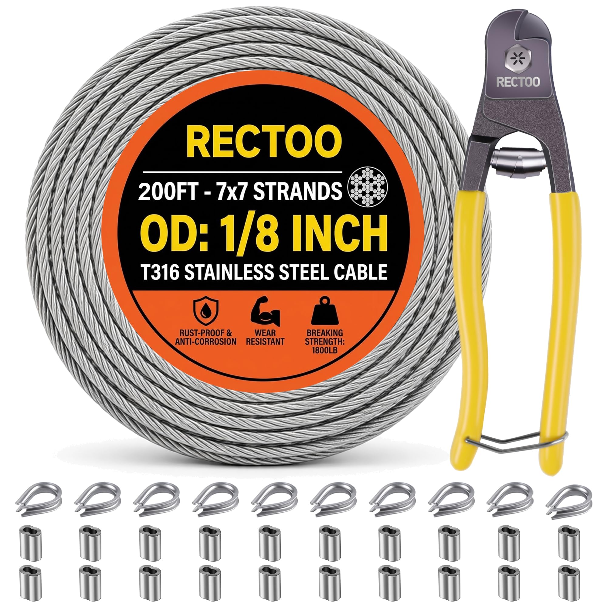 RECTOO 200FT 1/8" T316 Stainless Steel Cable with Cutter, 7x7 Strands Aircraft Wire Rope for Deck Railing, Stair Handrail, Porch Fence, High Strength