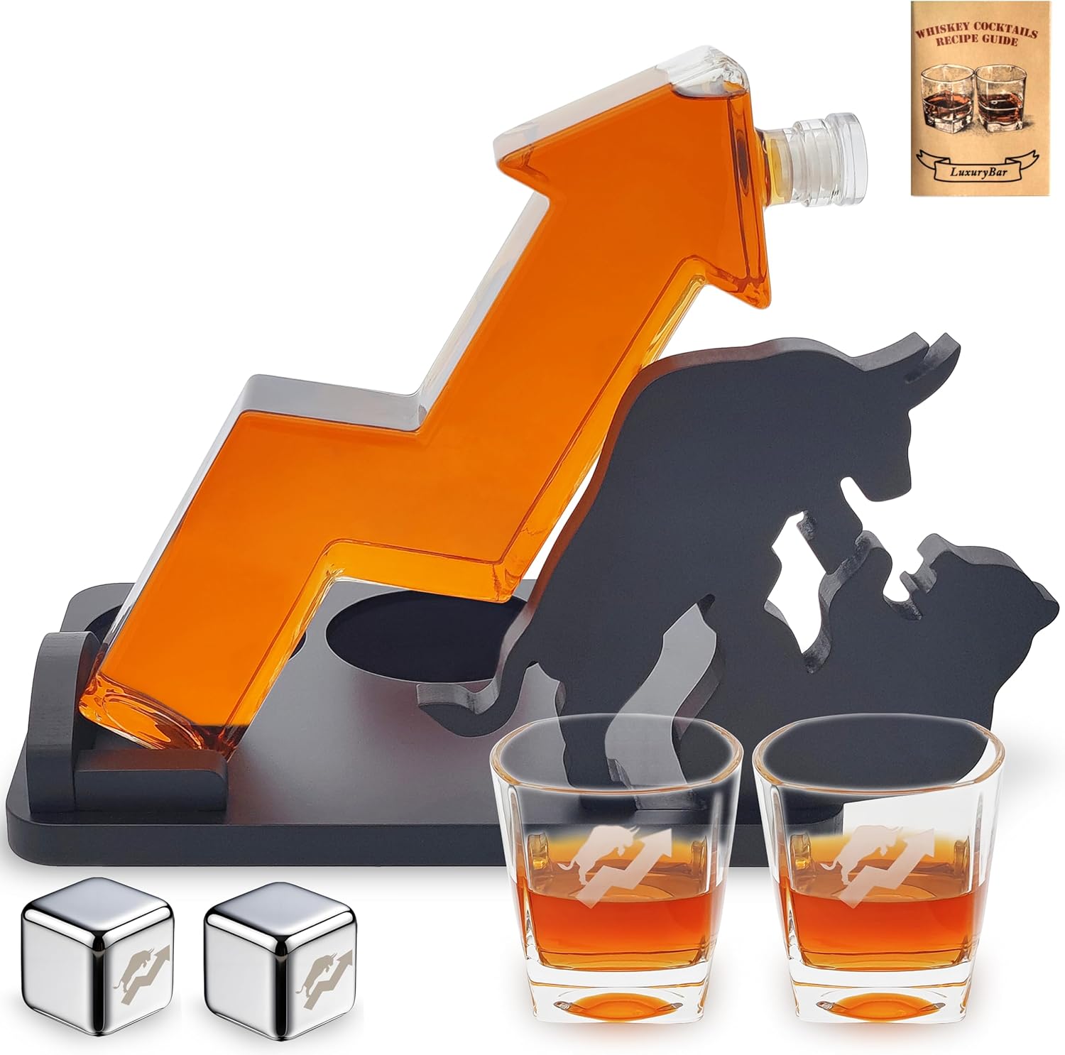 Stock Market Trend Whiskey Decanter Set,28oz Whiskey Decanter Sets for Men w/ 2 Bull Chiller 2 8.5oz Glasses & Bull&Bear Tray,Liquor Dispenser Tequila Bourbon Gifts for Men Dad Him Husband