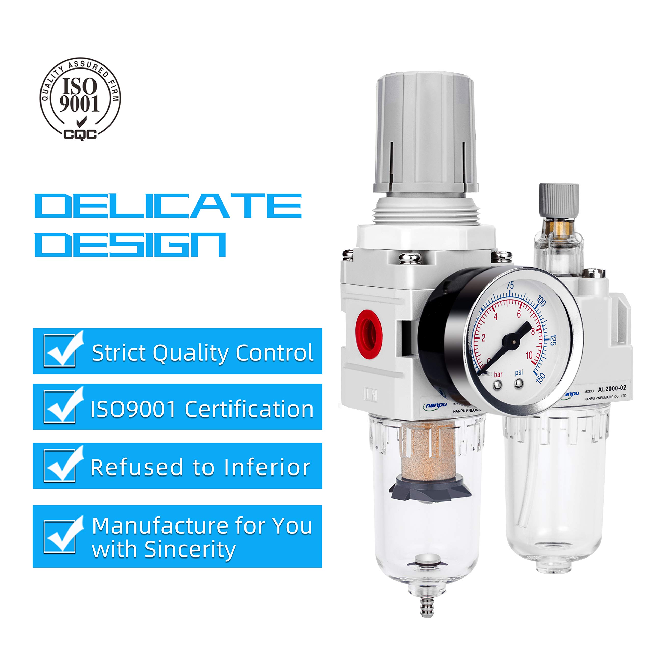 Gruppo Filtro Regolatore Lubrificatore Per Aria Compressa – 1/4″ NPT, Separatore Acqua/olio, Max 1 Mpa