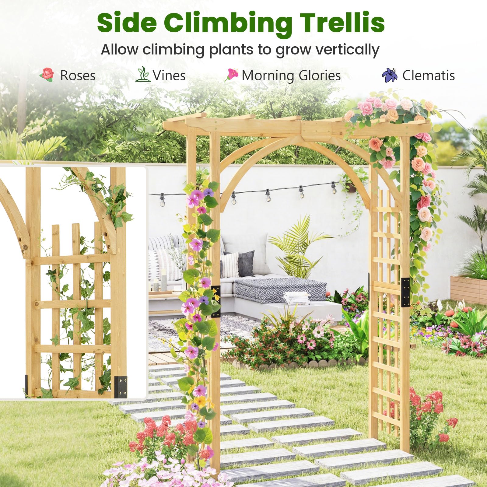 FANTASK Gartenbogen Holz, 160 x 60 x 213 cm, Rosenbogen mit Dach für Kletterpflanzen & hängende Körbe, Rankbogen Tannenholz, Rankgitter für Garten, Hochzeit, Party (Natur)