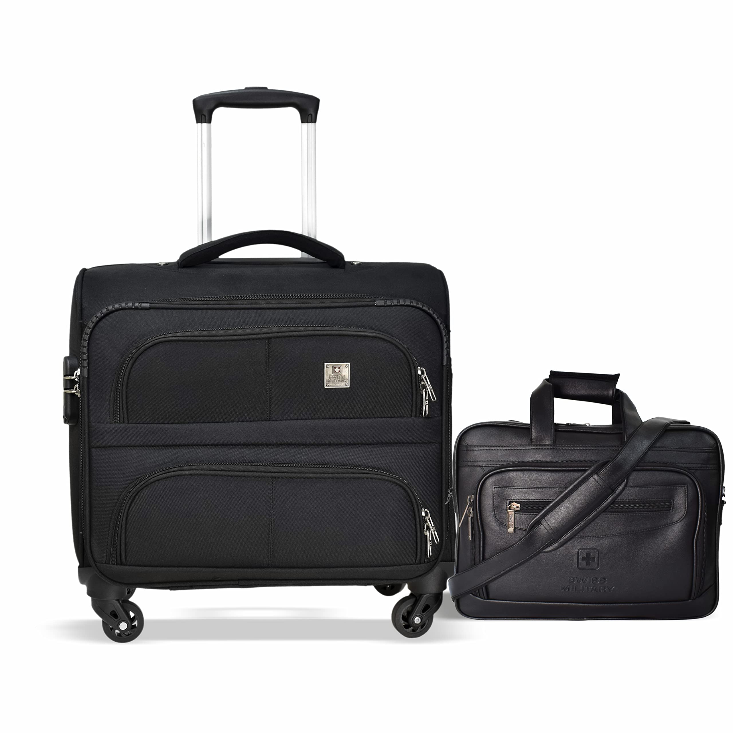 Swiss Military Combo of Cabin Luggage Trolley Bag 32L & Leatherette Laptop Messenger Bag for Men | Fits 15.4 Inch Laptop | Travel Office Bag Combo for Men | Soft-Sided Black Trolley Bag with Wheels