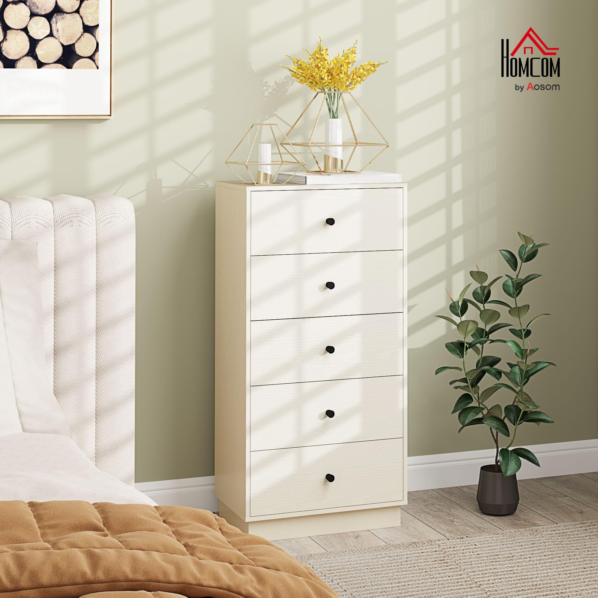 HOMCOM Cómoda con 5 Cajones Cómoda de Dormitorio Estrecha Estilo Moderna con Sistema Anti-vuelco Cajonera Alta para Pasillo Salón 47x29x95 cm Beige Veteado