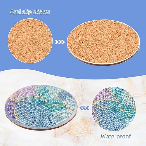 Miniatura 4 de Fsnjcz Juego de 10 posavasos de pintura de diamante de mármol con soporte, posavasos de mármol azul para bebidas, kits de pintura de diamantes para