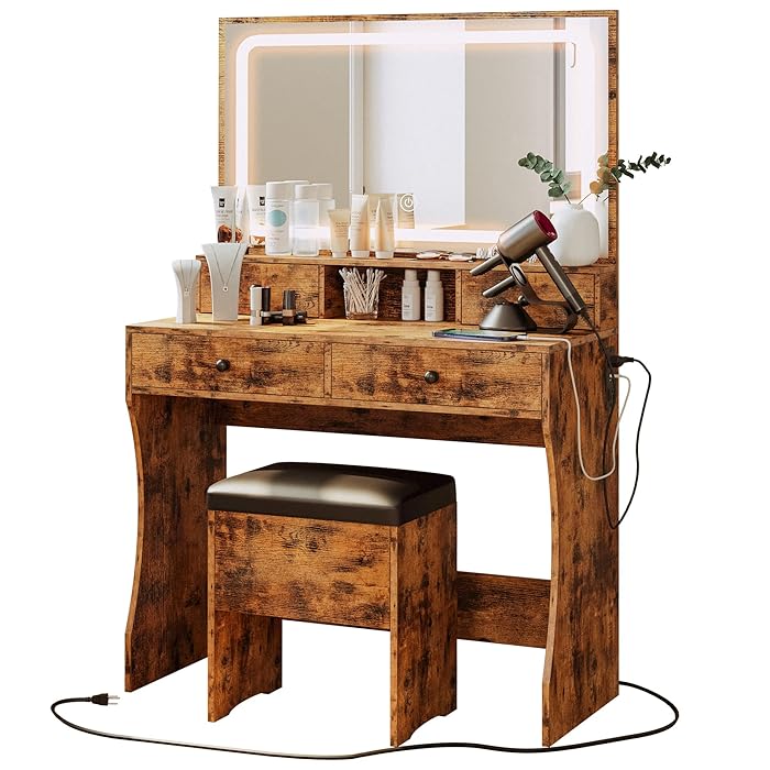 Buy IRONCK Vanity Desk Set with LED Lighted Mirror & Power Outlet