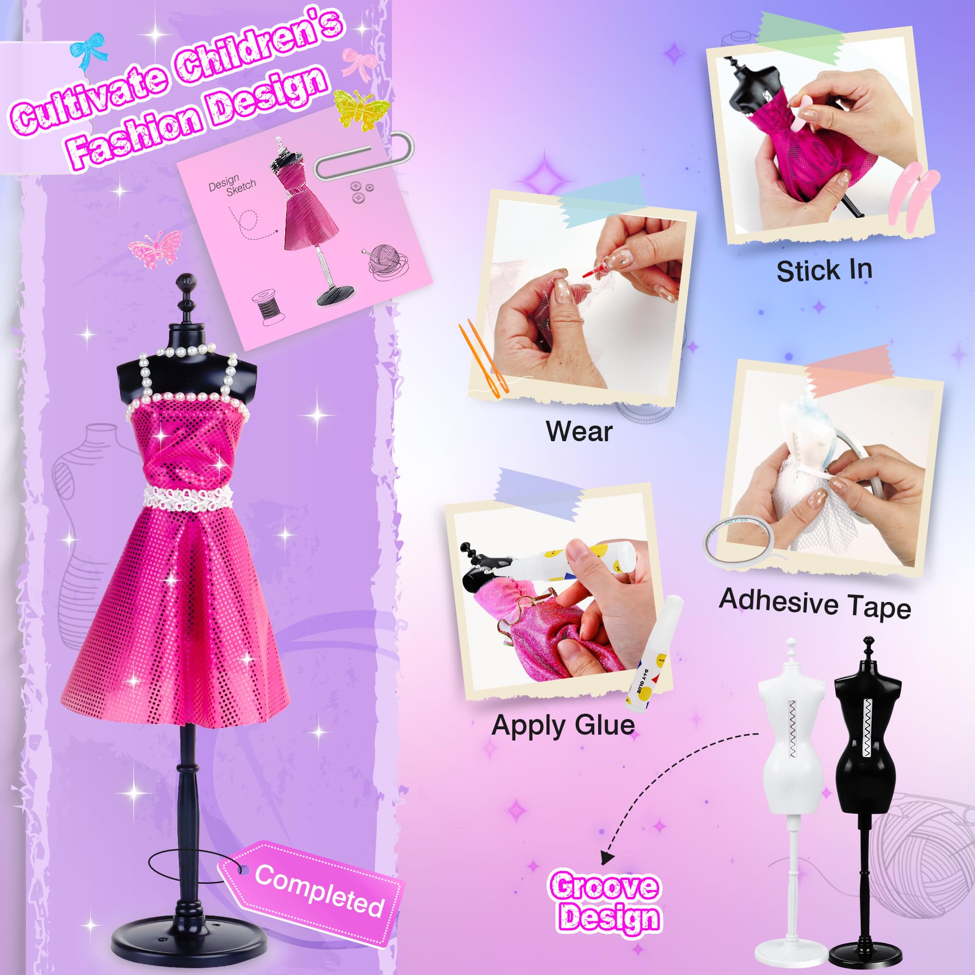 Kit de diseño de moda para niñas, kit de costura con 4 maniquíes, kit de manualidades y manualidades para niños, kit de fabricación de ropa de muñecas, juguetes para niñas de 6, 7, 8, 9, 10, 4