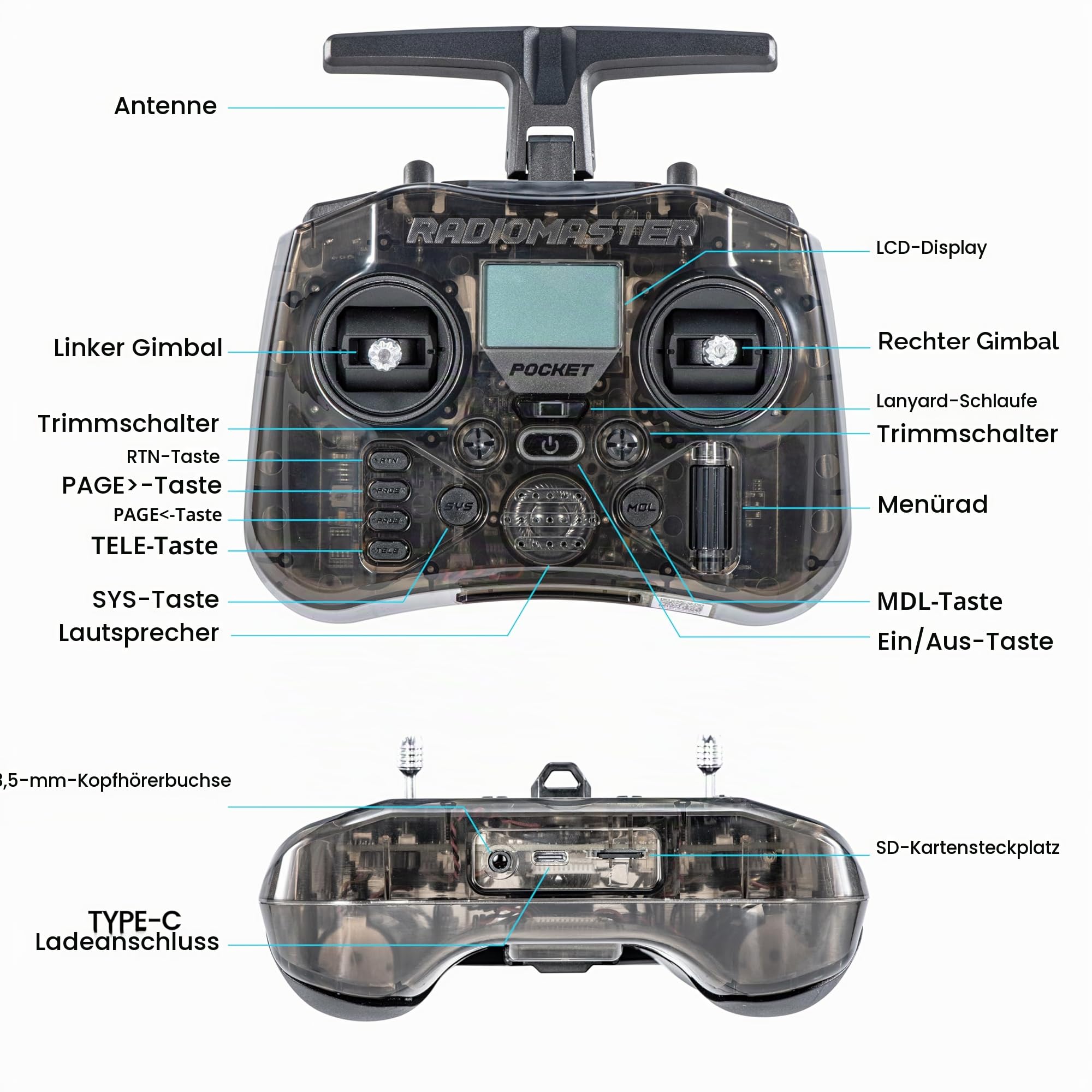 Radiomaster Pocket ELRS Fernsteuergerät Tragbares Hall-Gimbal-Transmitter mit EdgeTX-Firmware und LED-Licht für FPV-Drohnen/RC-Hubschrauber & Autos & Boote & Multicopter, Modus 2