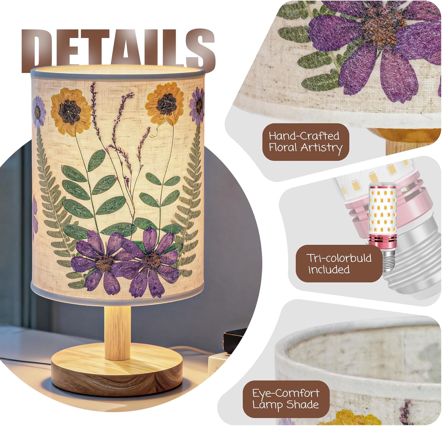 Artisan Crafted Floral Pressed Nightstand Lamp - Handmade Vintage Table Light with Adjustable Warm Glow for Bedroom, Office, or Living Room Decor (Purple)