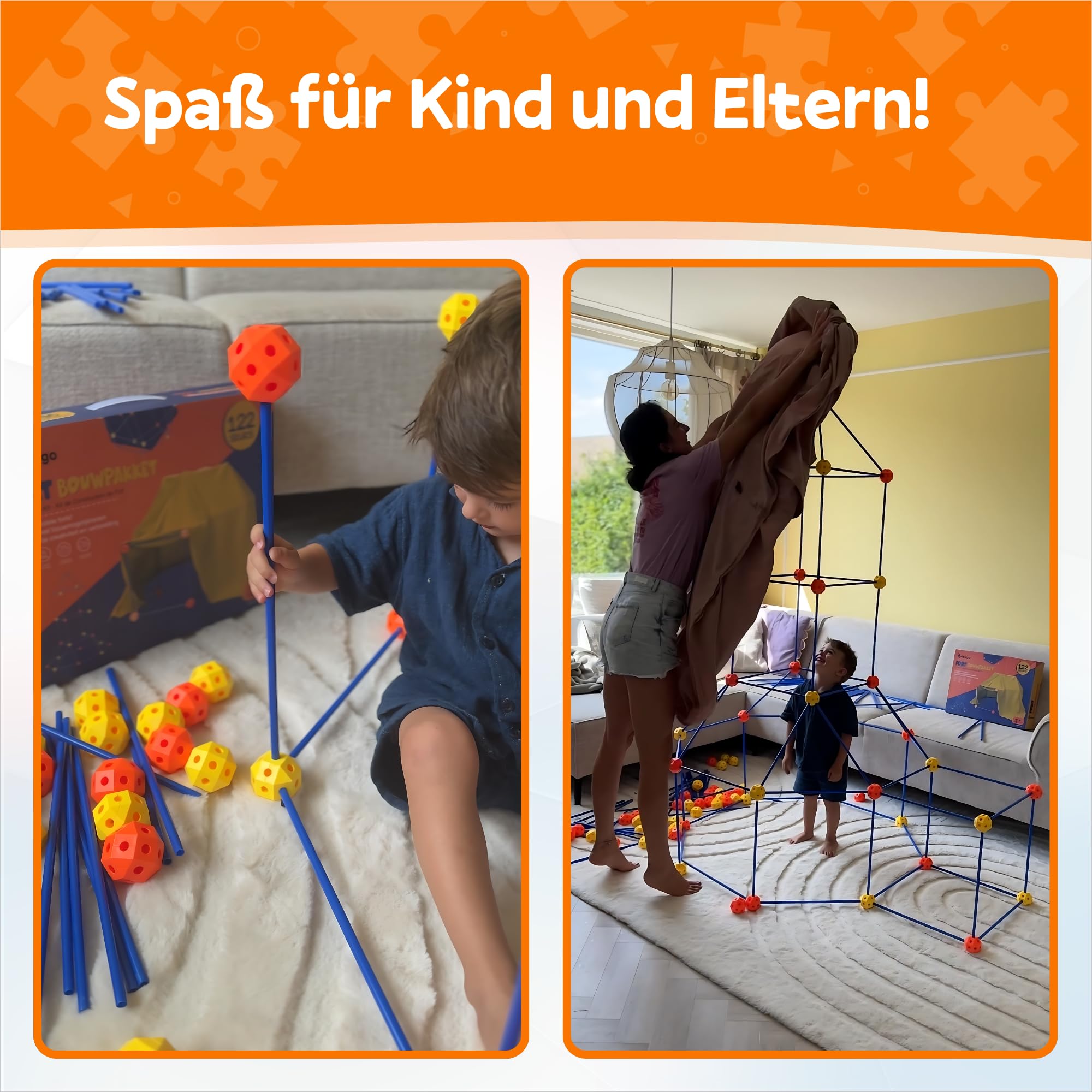 Fort Bausatz XL für Kinder, 122-teiliges Stecksystem mit 76 Stäben & 46 Steckbällen, Höhle Bauen Set für Indoor & Outdoor, Konstruktionsspielzeug ab 5 Jahren, Inkl. Tasche & E-Book mit Bauideen