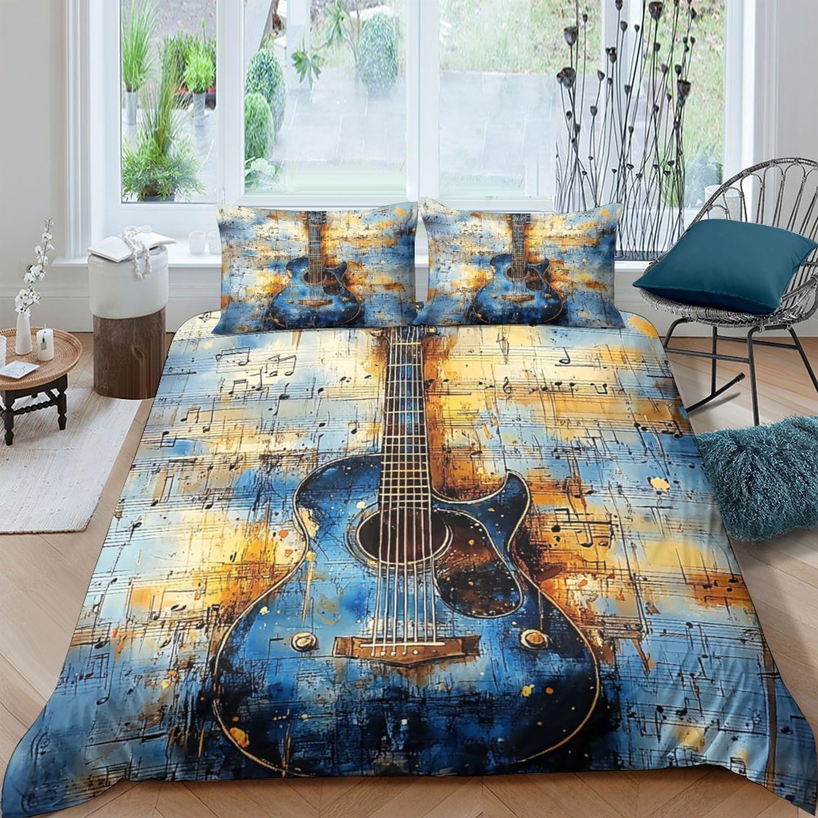 Ctjqhvkz Style-3 3D Printed Blue Guitar Fitted Sheet Microfiber Soft Artistic Abstract Bed Cover For Bedroom Guest Room Mattress Protection Single（135X200cm）