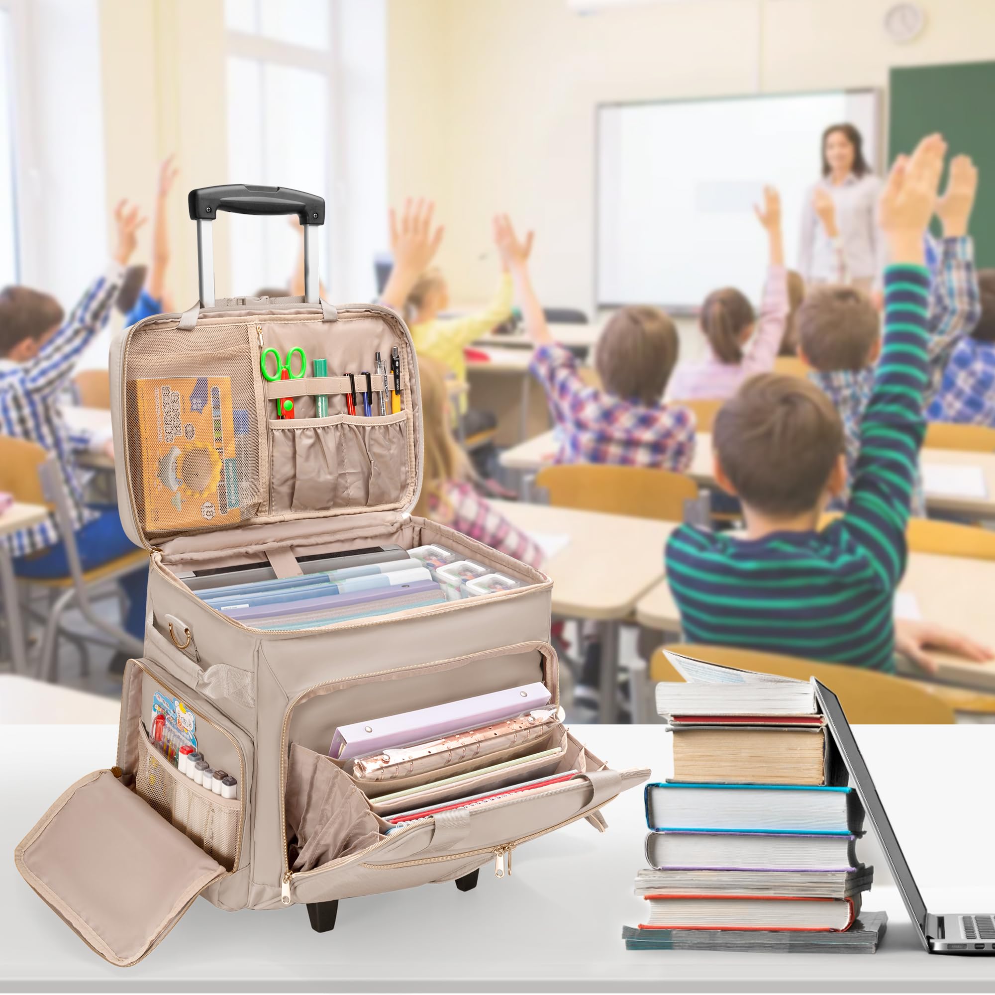 Rollende Lehrertasche mit Rollen, Lehrertasche mit abnehmbarem Trolley, Lehrertasche mit Rollen, passend für 15,6-Zoll-Laptops und Lehrerbedarf, Grau (Patentdesign)