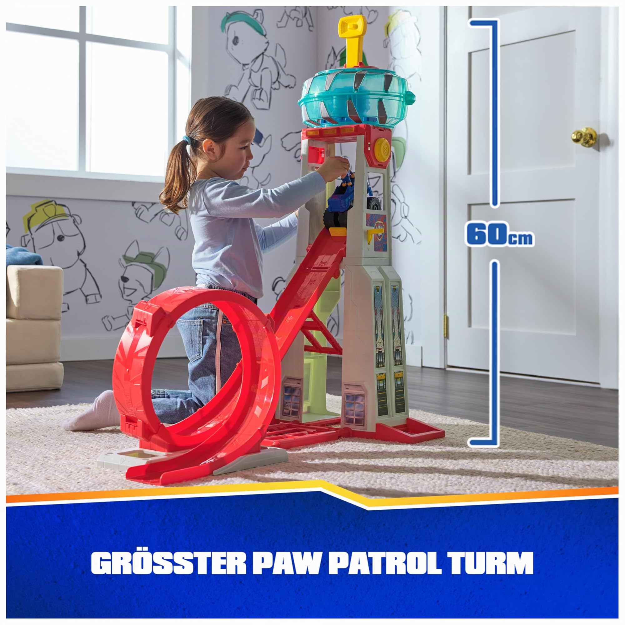 PAW Patrol Rescue Wheels - Superloop Tower, extragroßer Tower mit Startrampe und Looping, Licht- & Geräuscheffekten, inkl. Chase Monstertruck und Figur, Spielzeug für Kinder ab 3 Jahren