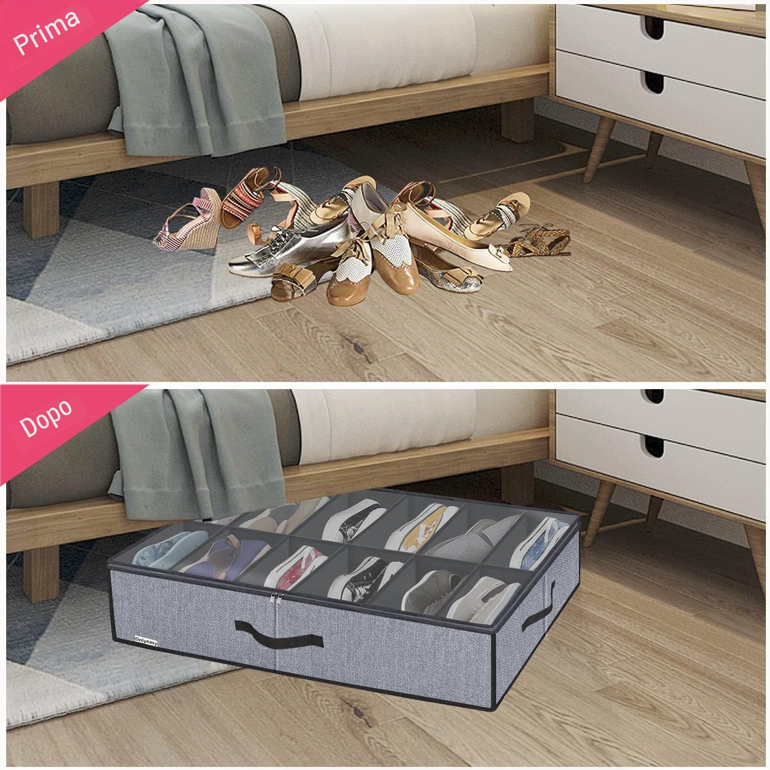 homyfort Set di 2 Organizzatore Scarpe Sottoletto con Coperchio Trasparente - Custodia Portascarpe a 12 Scomparti Organizer Pieghevole in Tessuto, Lino Grigio, XDUBSB2P