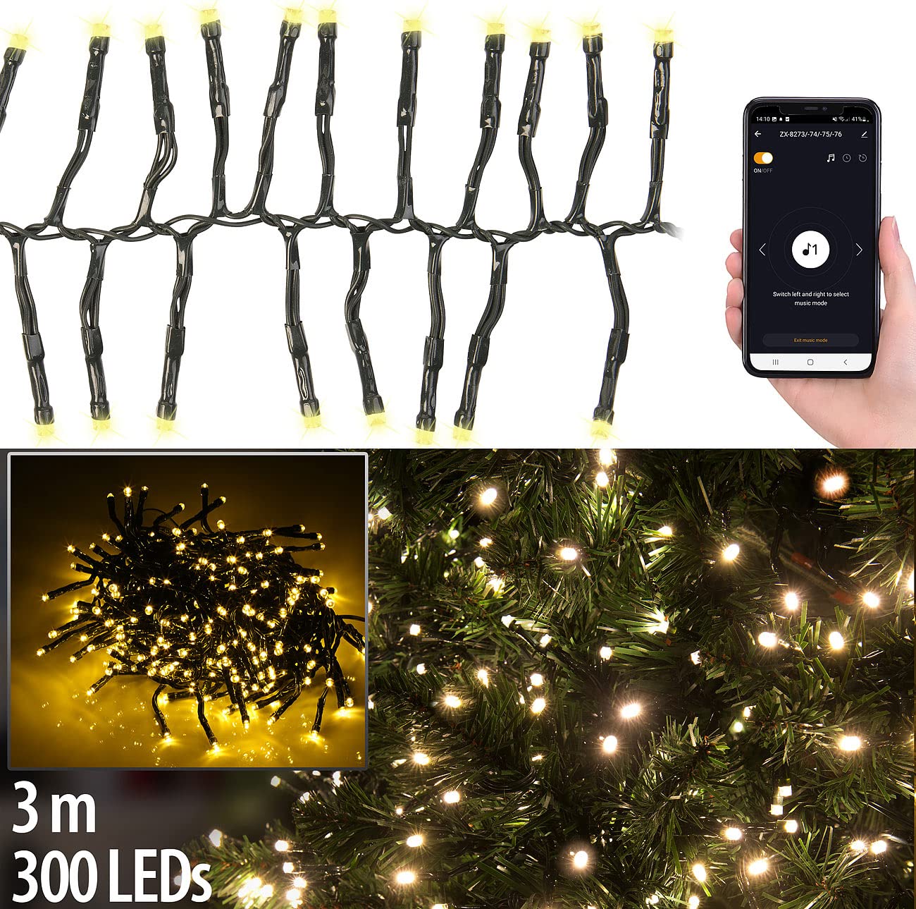 Lunartec Smart Home Lichterkette: 2er-Set WLAN-LED-Büschel-Lichterketten, 300 LEDs, App, 6 m, dunkelgrün (Lichterkette Strom innen, Partylichterketten außen Strom, Dimmer)