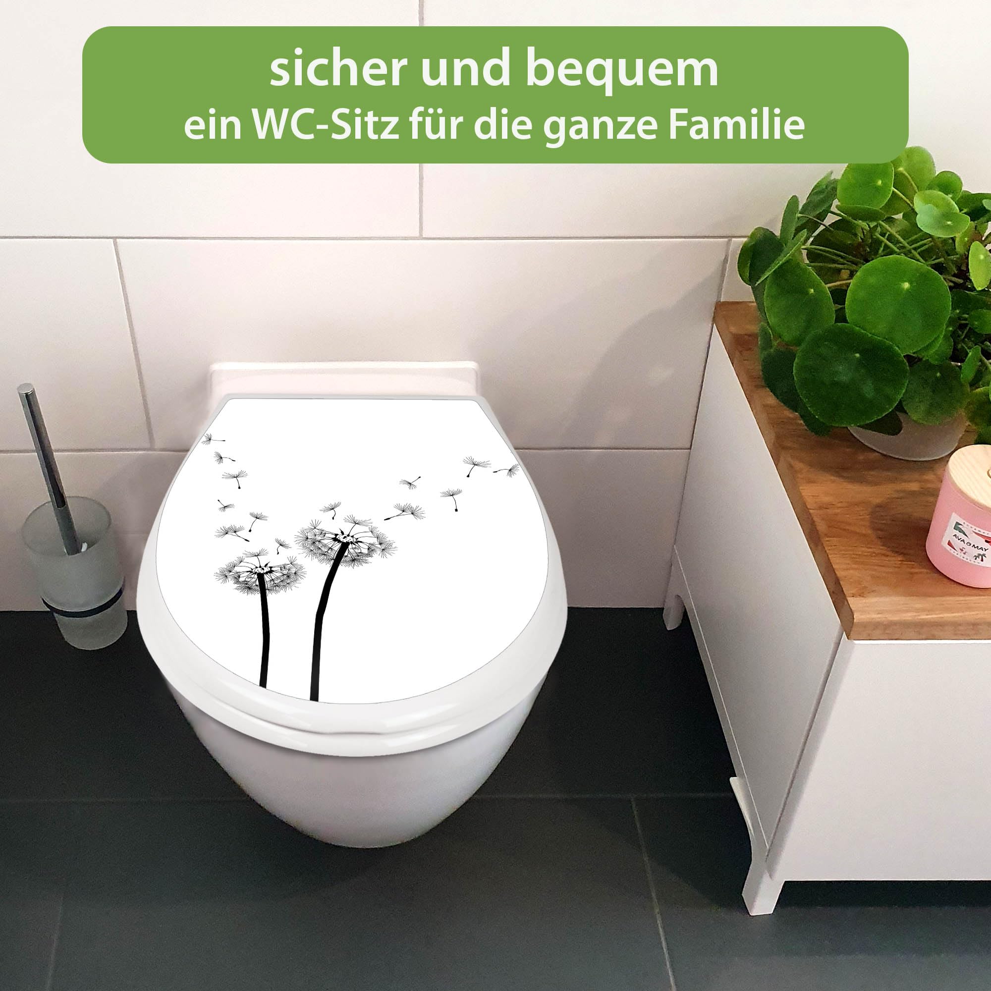 banjado Familien WC Sitz mit Absenkautomatik 44,9x37,1cm - Klobrille mit Kindersitz aus hochwertigem Polypropylen - Toilettendeckel mit Kinder Toilettensitz integriert - Motiv Pusteblume 2