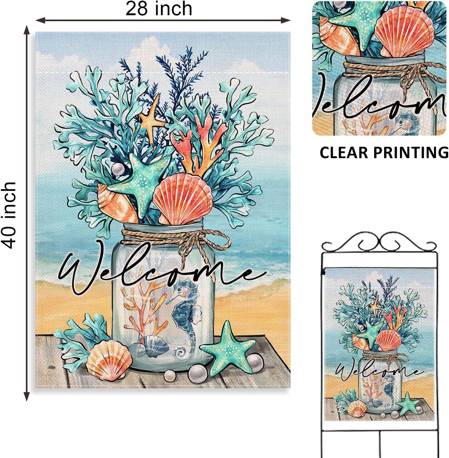 Welcome Summer Mason Jar Decorative House Flag, Beach Coastal Coral Starfish Shell Sea Horse Garden Yard Outside Decorations, Nautical Seasonal Outdoor Large Home Decor Double Sided 28 x 40