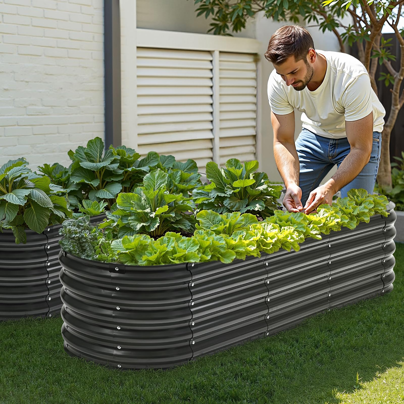 VEVOR Jardinière 1190x595x420 mm Lit de Jardin Surélevé Métal Galvanisé Bac de Plantation Ovale Fond Ouvert pour Cultiver Fleur Herbes Plantes Succulentes dans Jardin Terrasse Patio Balcon, Gris Foncé
