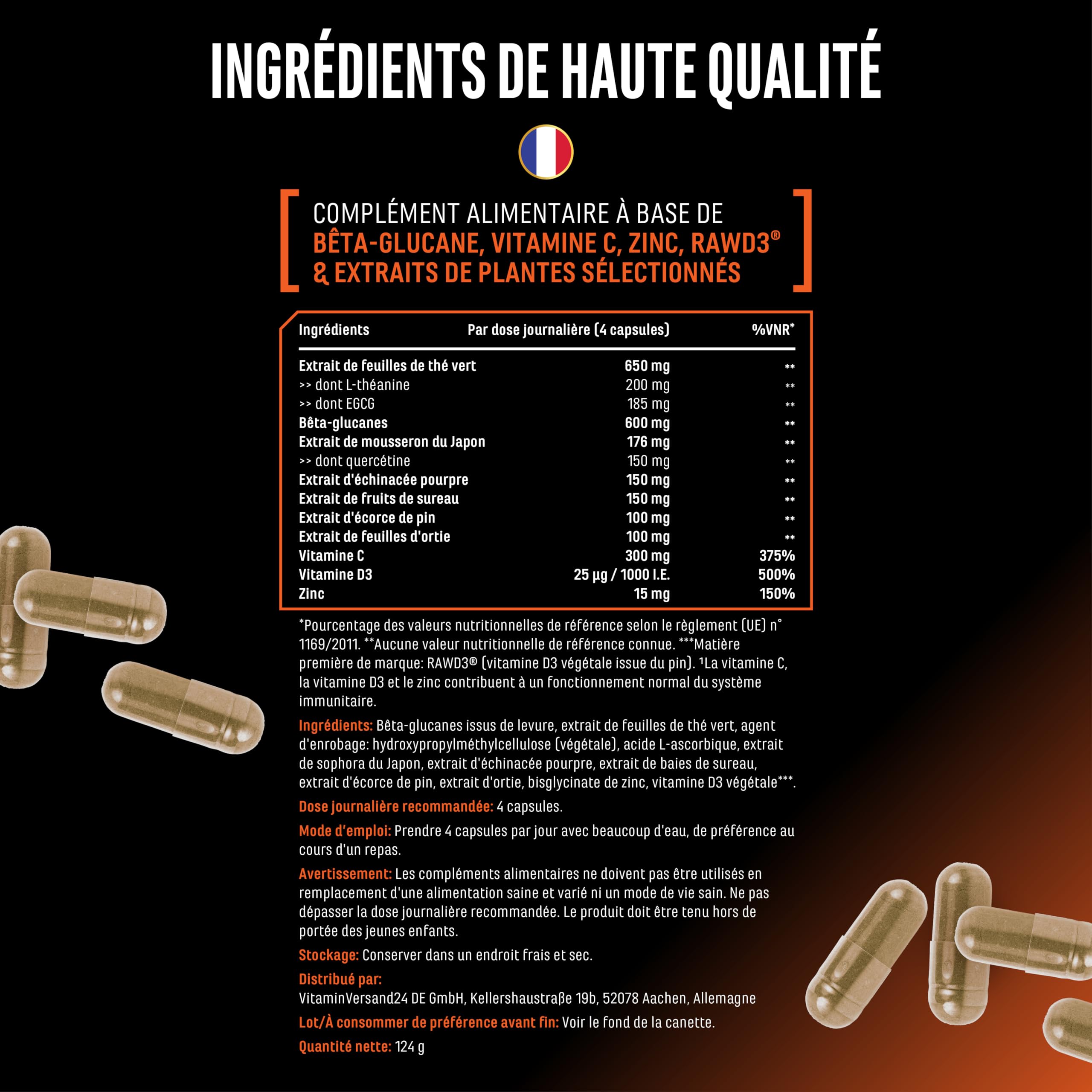 Immunity Essentials Complexe – 180 gélules avec bêta-glucane, vitamine C, D3 (RAWD3®), zinc, quercétine, échinacée, sureau et extraits végétaux – hautement dosé, végan