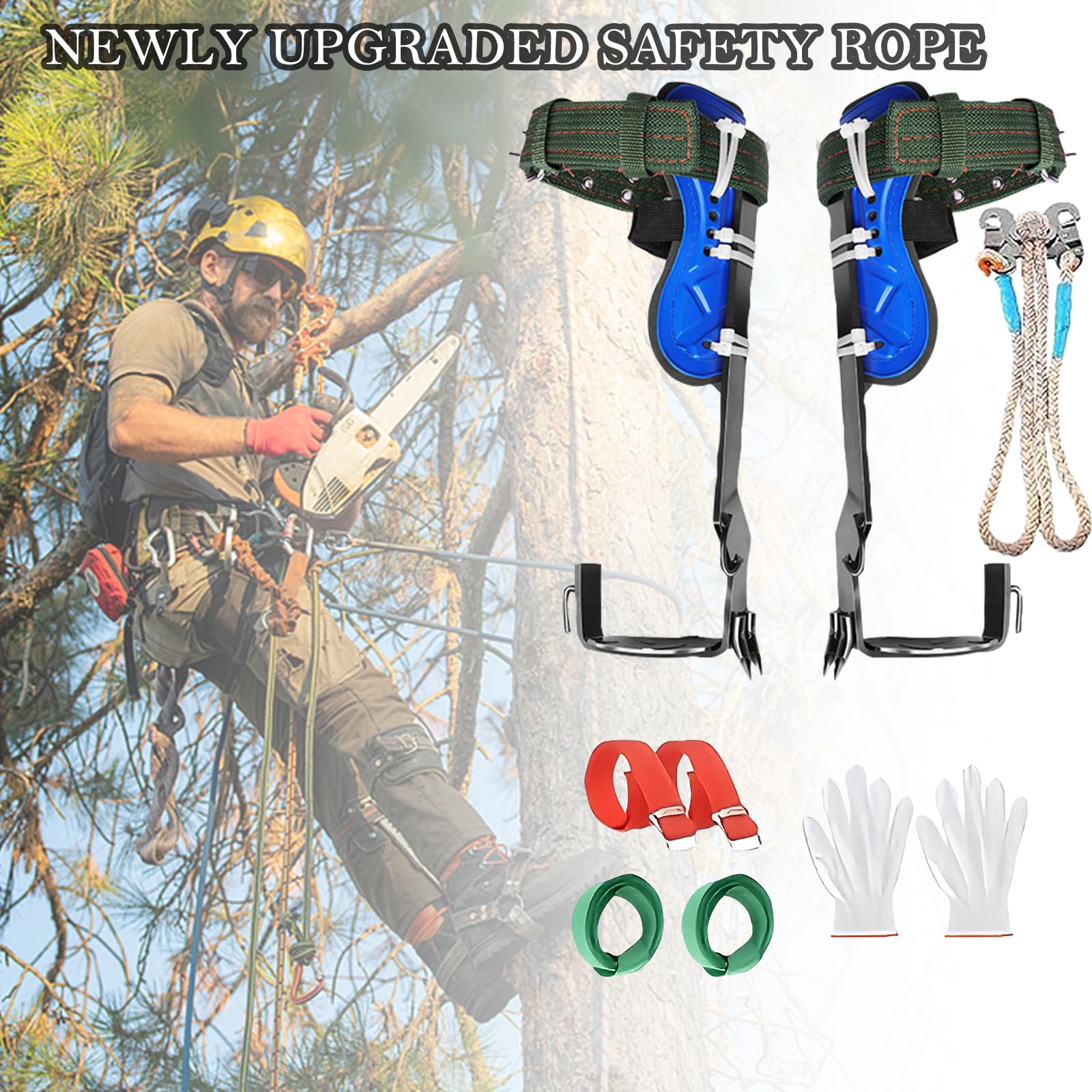 Kit Complet d’Escalade sur Arbre, Griffes d’Élagage à Double Dents Trempées, Baudrier d’Élagage Ajustable + Corde de Sécurité 3M, Crampons d’Arboriculture pour Élagage