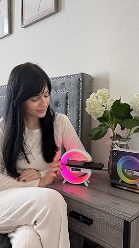 Miniatura 9 de Waveloop - Reloj despertador con altavoz para dormitorios con carga inalámbrica y altavoz Bluetooth G, lámpara de noche RGB con luz de despertador,