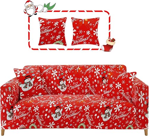 Funda elástica para sofá de 1 pieza, funda de sofá de Navidad para sofá de 2 cojines, apta para mascotas y perros, con 2 fundas de almohada,