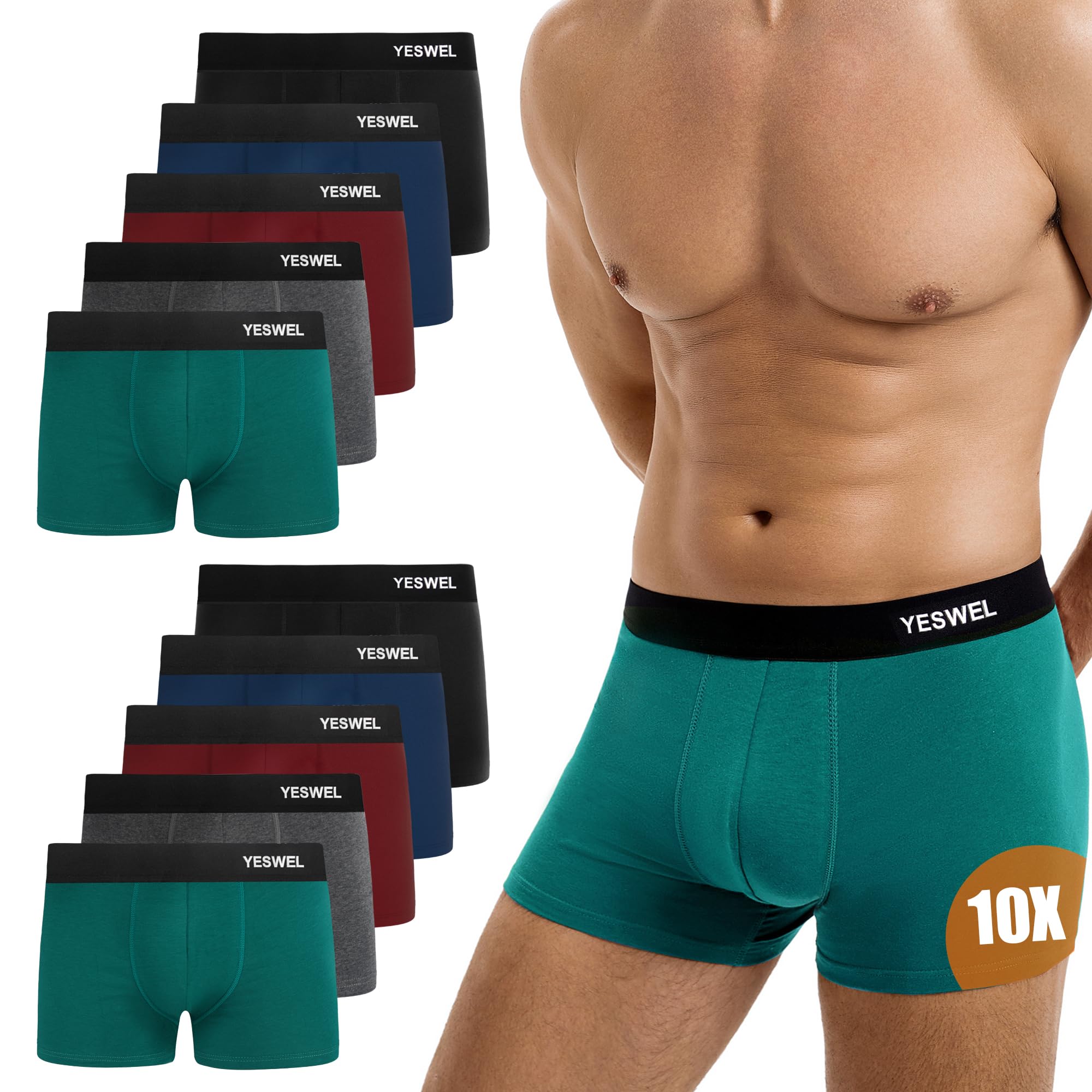 YESWEL Boxershorts Herren 10er Pack, Ohne Kratzenden Zettel Unterhosen, Atmungsaktive Männer Unterwäsche, Baumwolle Retroshorts (Gr. S - 4XL)