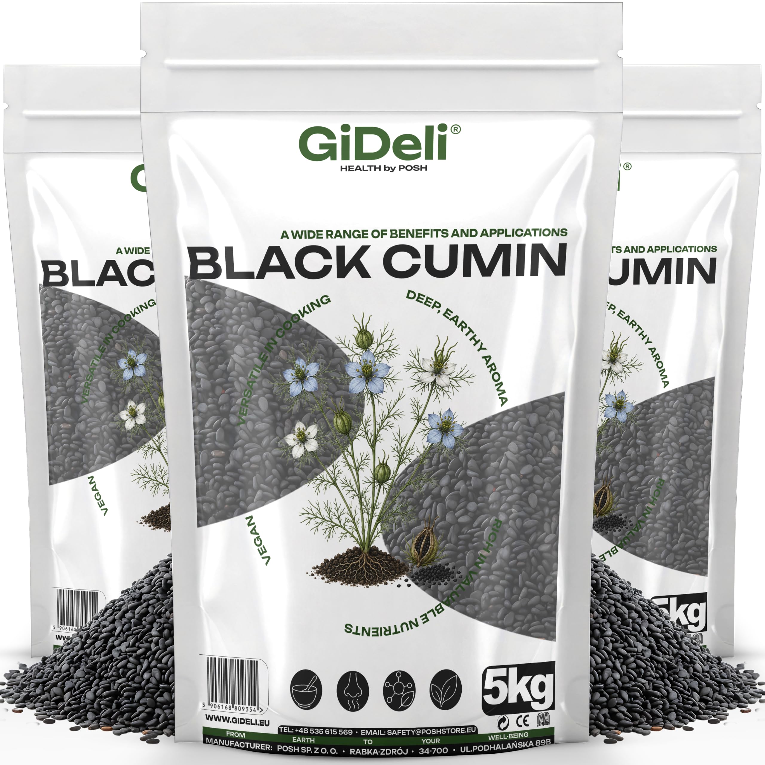 GiDeli Schwarzkümmel Ganz 3x5kg - Echter Nigella Sativa aus Syrien - Tiefes Erdiges Aroma, Schonend Verarbeitet - Frische Ganze Schwarzkümmelsamen Vegan für Brot, Salate, Joghurt & Tee