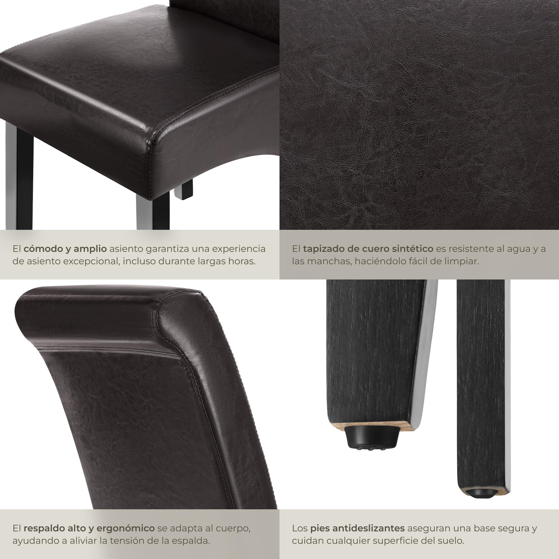 tectake® Set de Sillas de Comedor, Piel Sintética, Forma Ergonómica, Patas de Madera, Lacadas, Fácil de Limpiar, 106cm, Sillas Dormitorio, Sillas de Comedor, Sillas Salon - 2 Sillas Marrón