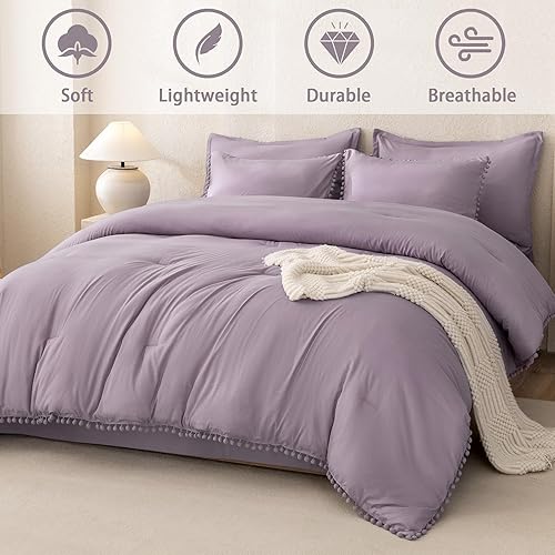 Miniatura 9 de Litanika Juego de edredón de tamaño matrimonial, color rosa, 3 piezas de color rosa rubor bohemio con pompones, ropa de cama ligera para todas las