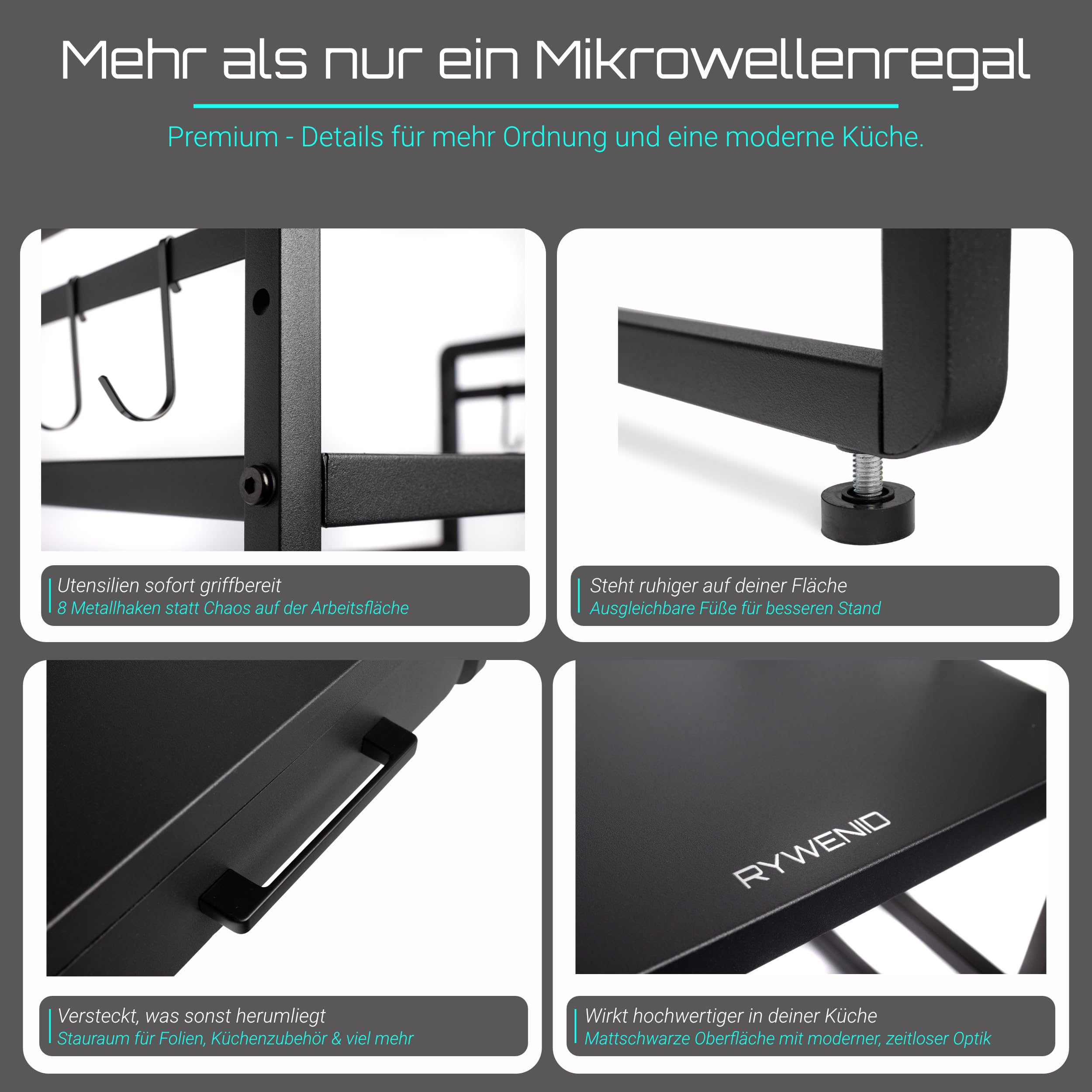 Mikrowellenregal mit Schublade höhenverstellbar, Regal Mikrowelle schwarz | Küchenorganizer Regal für Arbeitsplatte, stabil bis 50kg, erweiterbar 40-64cm, Küchenregal für maximale Ordnung in der Küche
