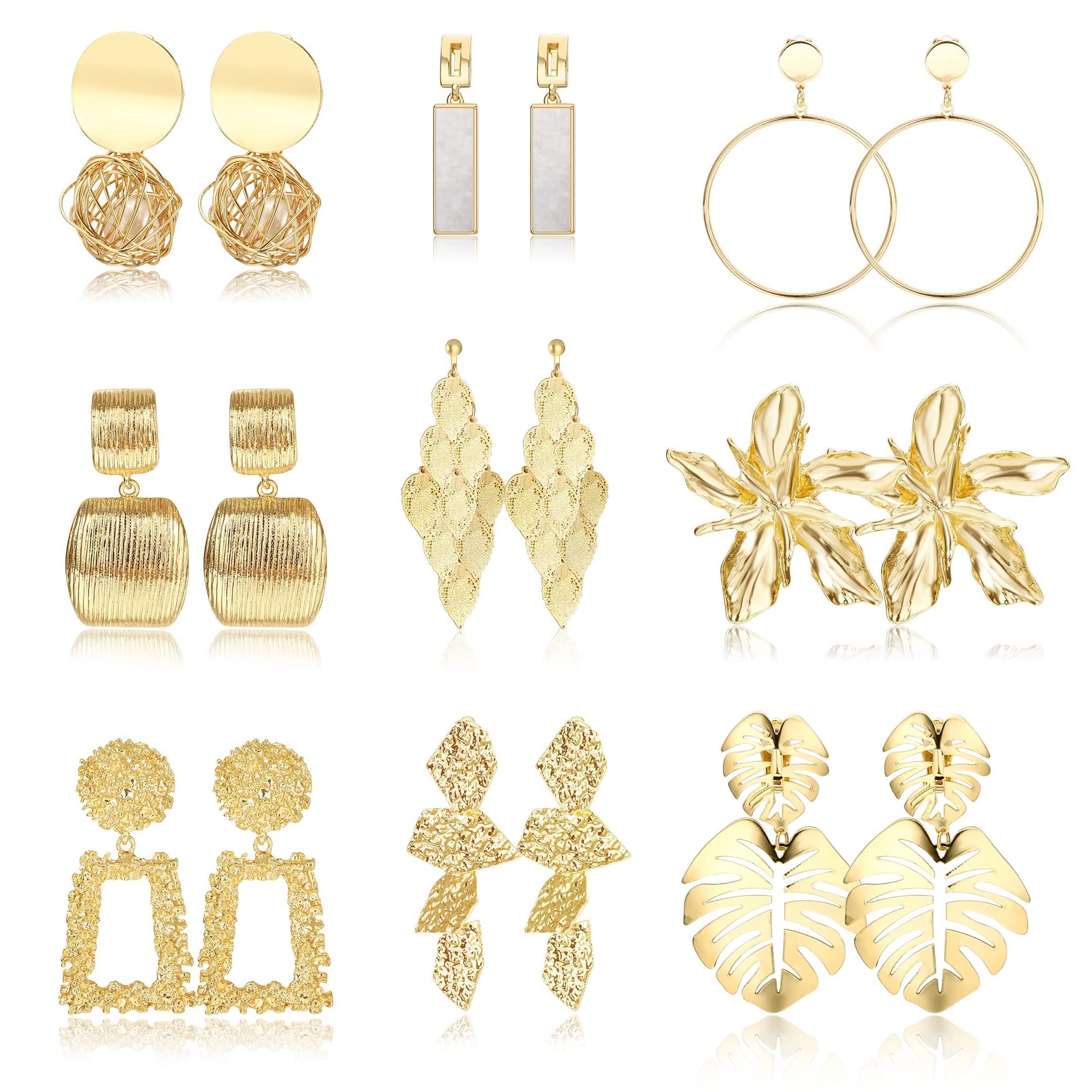 JeryWe9 Pairs Clip on Drop Earrings for Women Gold Hoop Clip on Earrings Set Geometric Flower Non Pierced Earrings Hypoallergenic