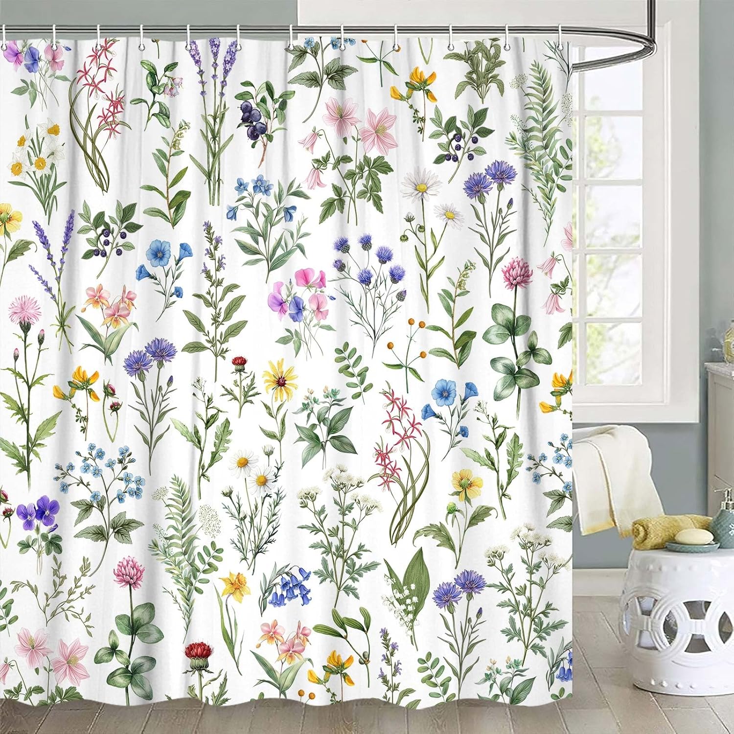 Green Cottagecore Watercolor Botanical Floral Shower Curtain for Bathroom,Farmhouse Cute Colorful Wildflower Bath Curtain Set,Waterproof Washable Fabric with Hooks,Spring Bathroom Decoration 72X84IN