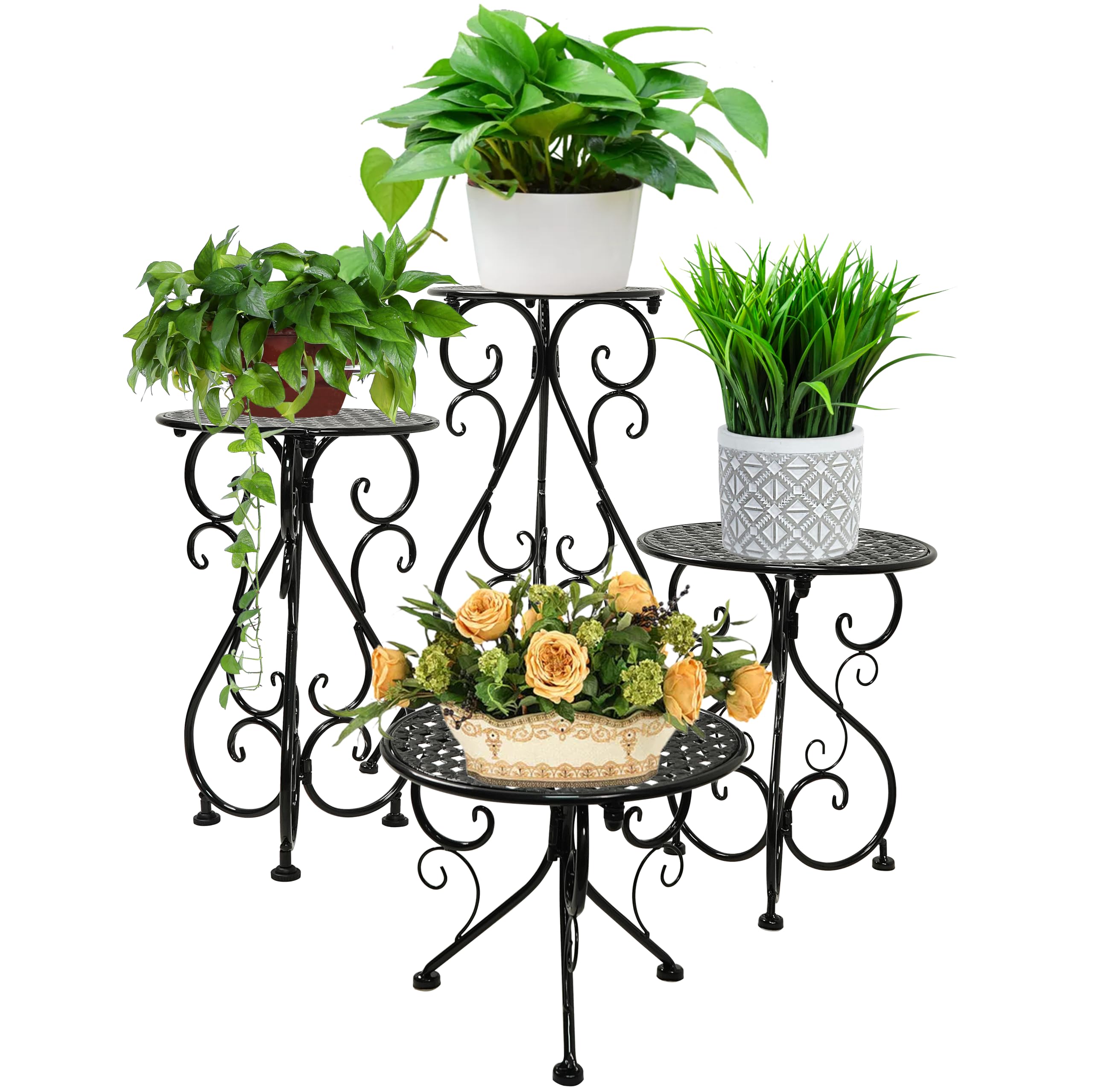 NAKUPE 4-Pack Metal Plant Stand for Indoor Outdoor, Heavy Duty Flower Pot Stands for Multiple Plants, Rustproof Iron Planter Holder Display Shelf for Patio Home Garden Porch Balcony(Black)