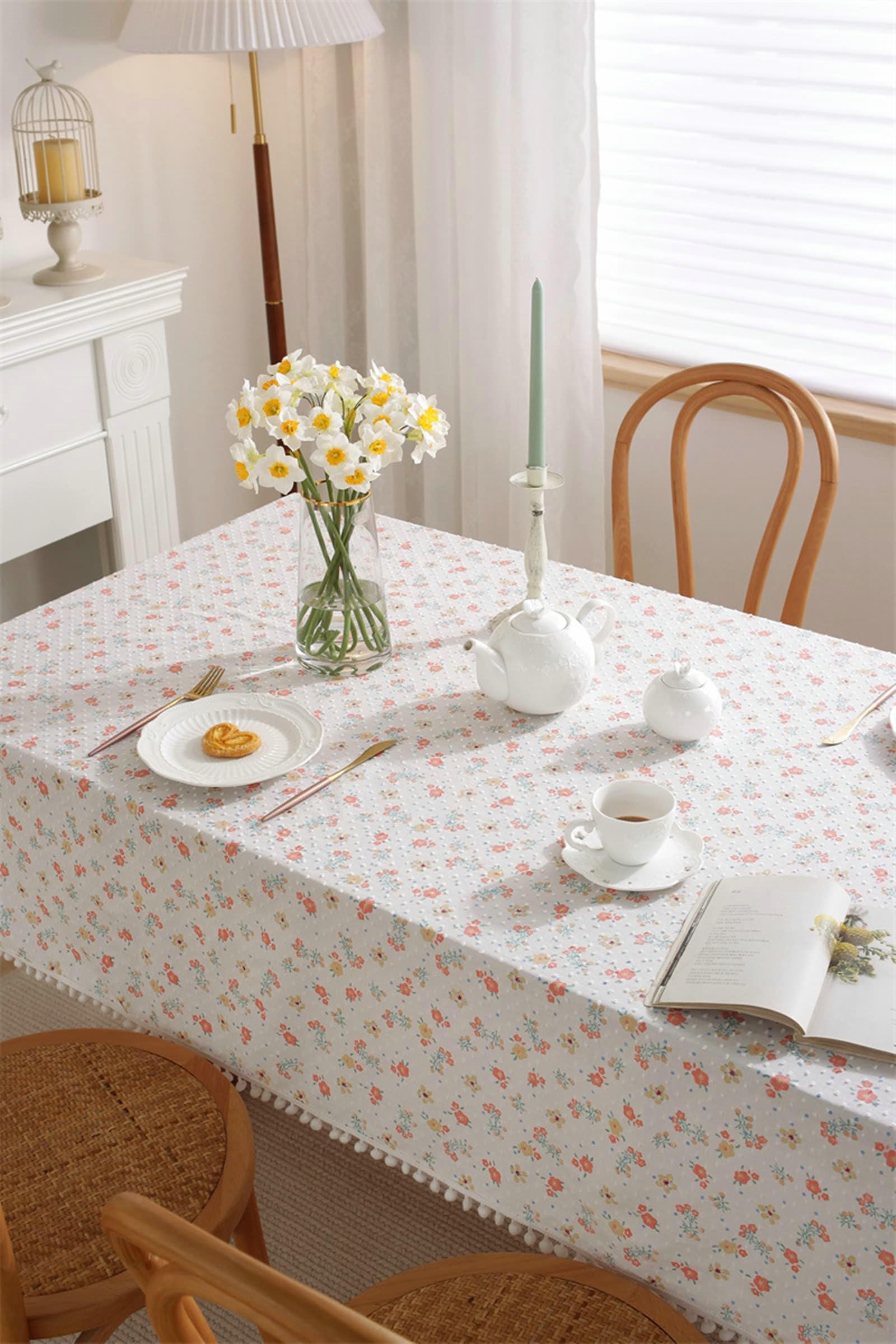 Gualiy Manteles Tela Mesa Rectangular, Algodón Manteles de Mesa de Tela 140x220CM Mantel de Cocina Lavable Flores Estampadas con Bolas Manteles para Mesa de Centro, Rosa