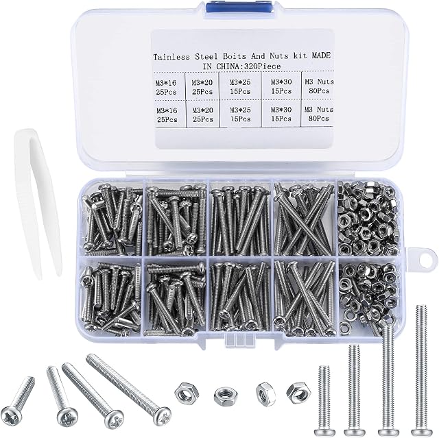320 Pcs M3 Cross Pan Head Screws Bolts and Nuts Set, Stainless Steel Round Head Machine Screws Nuts and Bolts Assortment for Furniture Electronic Products Repair Fastener