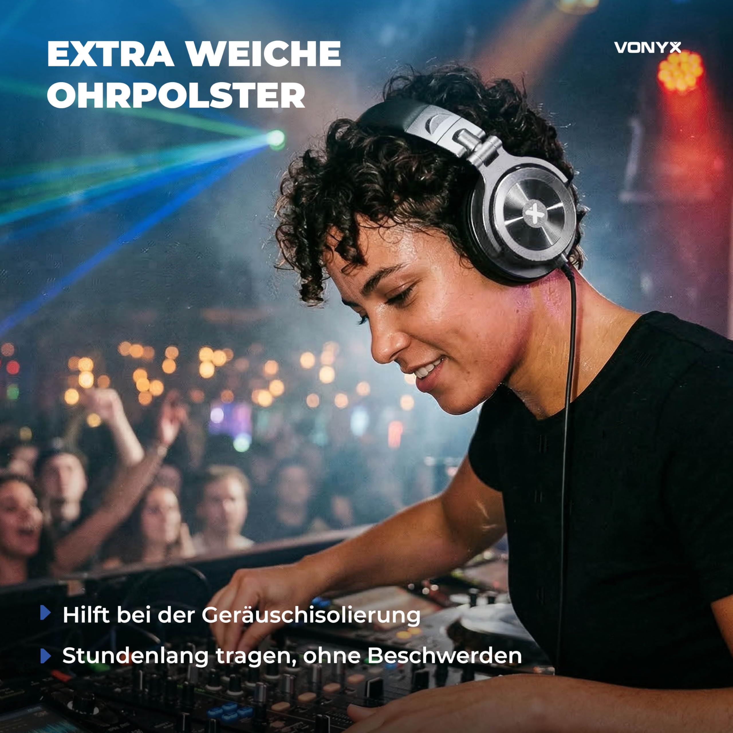 Vonyx HDX200SB - Over Ear Kopfhörer mit Kabel, 50mm Treiber - Tiefer Bass, DJ Kopfhörer mit 3,5mm & 6,3mm Klinke – Faltbar & Drehbar, Geschlossene Headphones inkl. Transporttasche - Silber