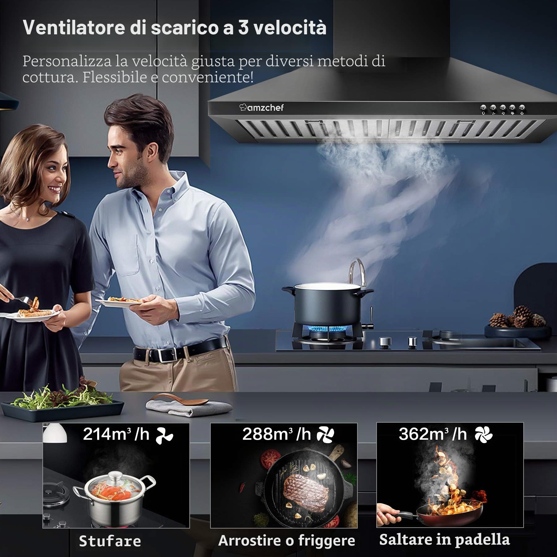 AMZCHEF Cappa Aspirante 60cm cappa a parete per ricircolo o espulsione aria cappa aspirante 370m³ / h 3 livelli di potenza illuminazione LED super silenziosa