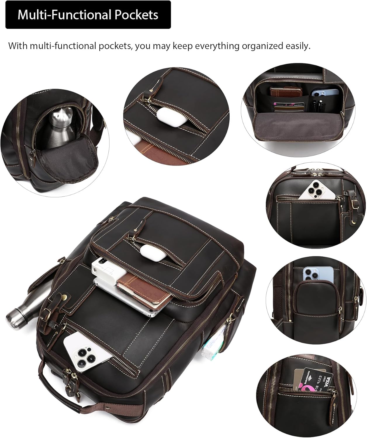 LANNSYNE Vintage Genuine Leather Backpack for men, 15.6" Laptop Backpack Travel Camping 24L Rucksack - Image 3